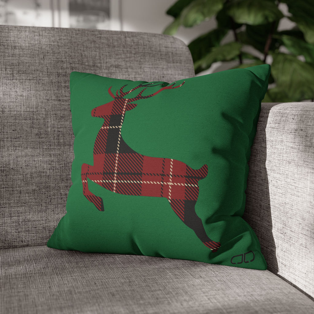 Plaid Reindeer Holiday Pillowcase — Green Christmas Throw Pillow Cover