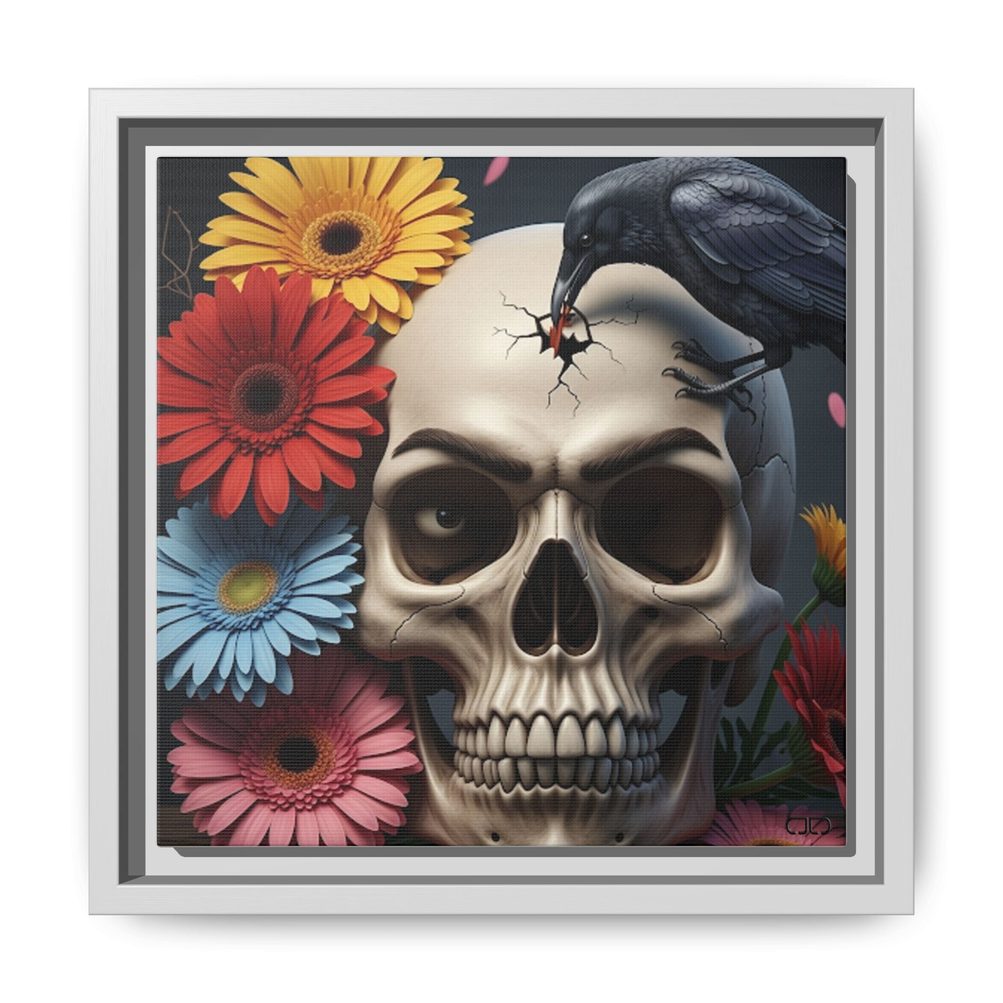 Headache - Framed Skull & Flower Canvas Art Print, Gothic Home Decor, Unique Wall Art, Boho Aesthetic, Perfect for Halloween, Birthday Gifts