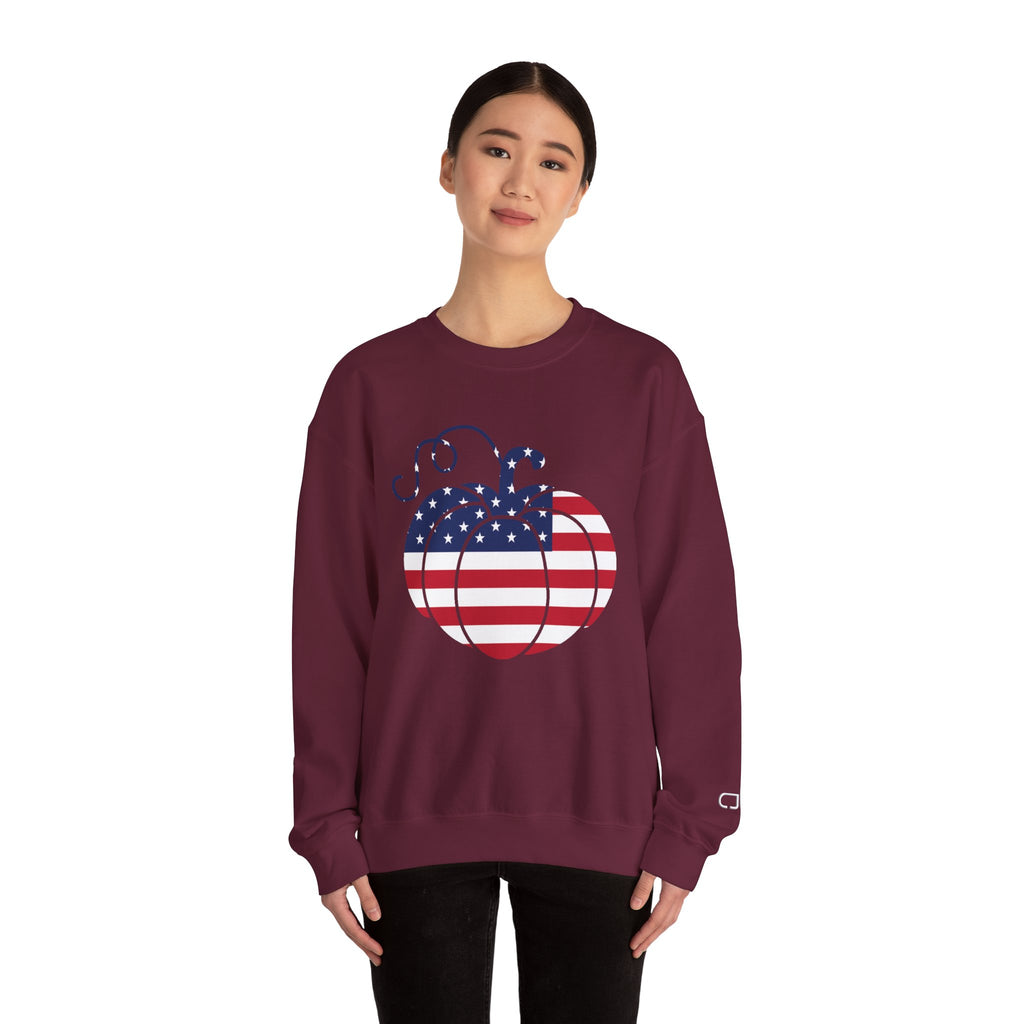 Patriotic Pumpkin Sweatshirt - Cozy Fall Apparel, Unisex Crewneck, Thanksgiving Gift, Harvest Celebration, American Pride