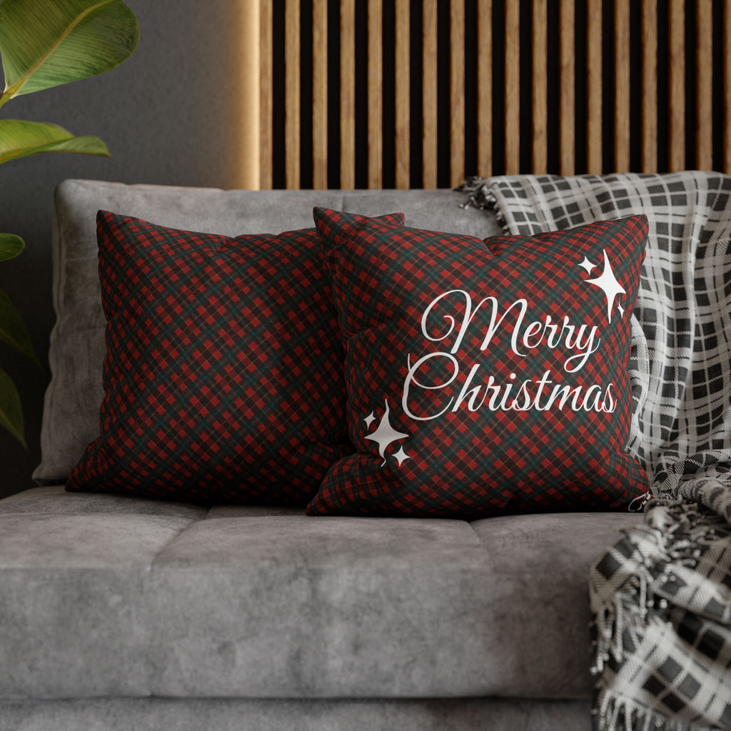 Merry Christmas Plaid Pillowcase - Red & Green Holiday Throw Pillow Cover