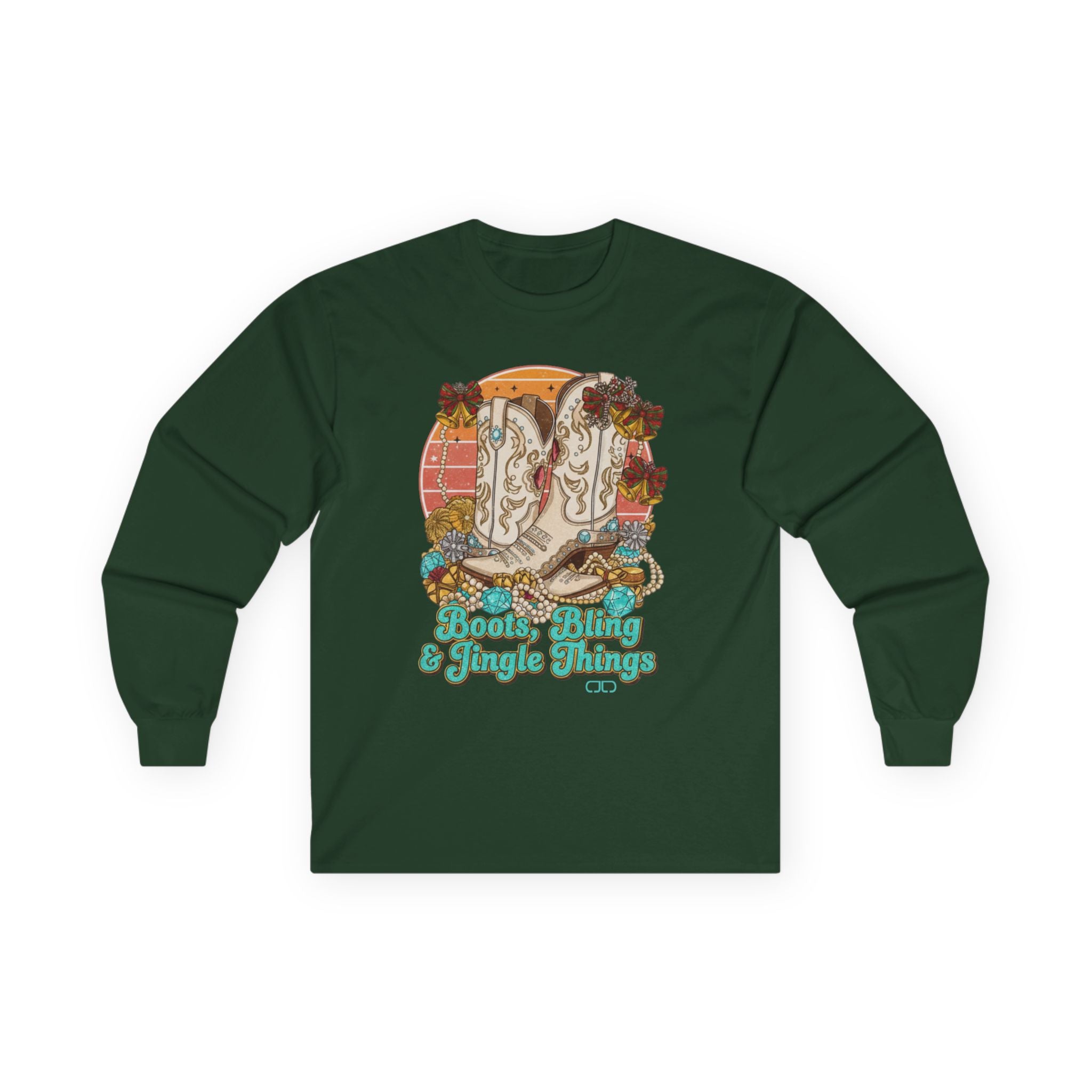 Boots, Bling & Jingle Things Long Sleeve Tee — Retro Western Christmas Shirt