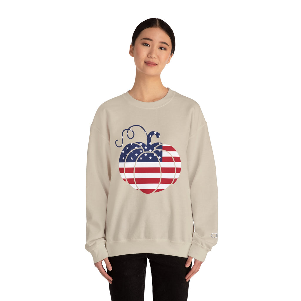 Patriotic Pumpkin Sweatshirt - Cozy Fall Apparel, Unisex Crewneck, Thanksgiving Gift, Harvest Celebration, American Pride
