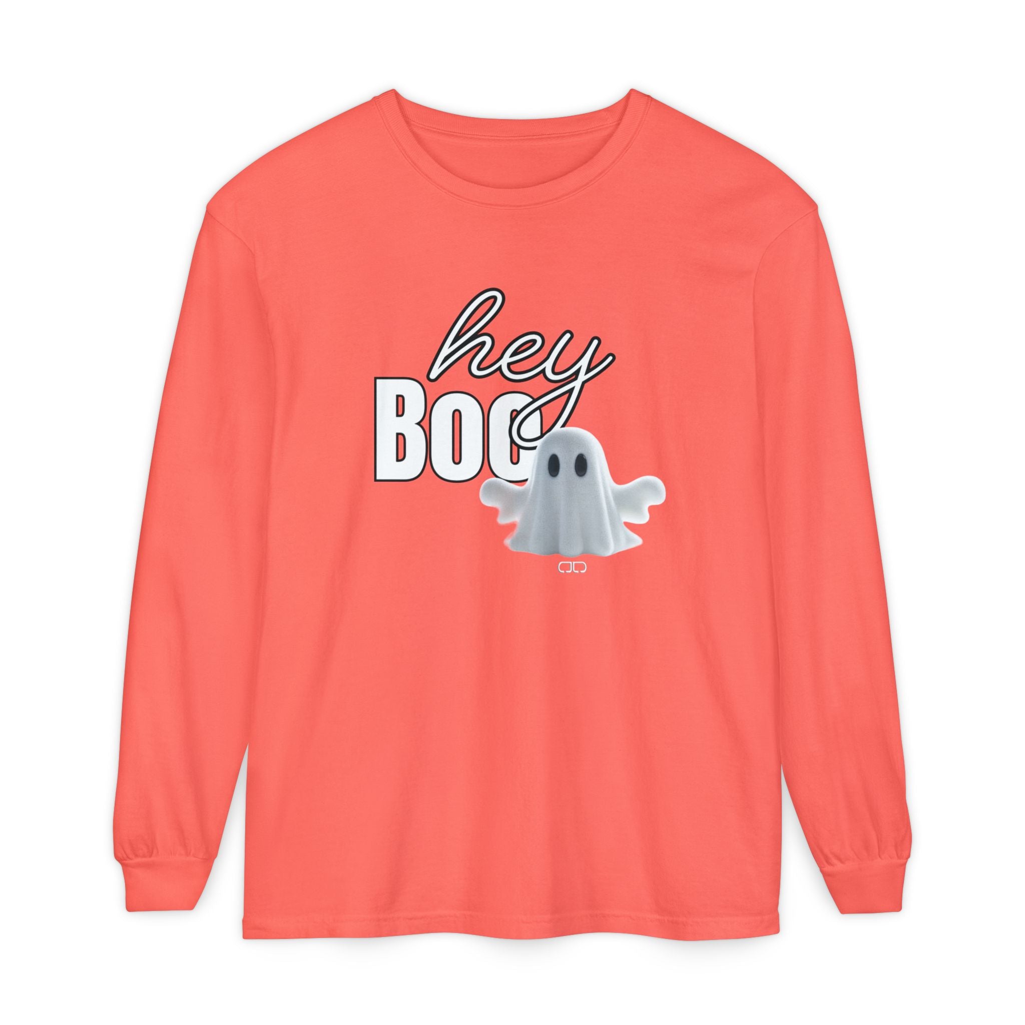 Hey Boo Halloween Ghost Long Sleeve T-Shirt - Perfect for Fall, Spooky Season, Cute Ghost Tee, Unisex Halloween Apparel, 'Hey Boo' Shirt