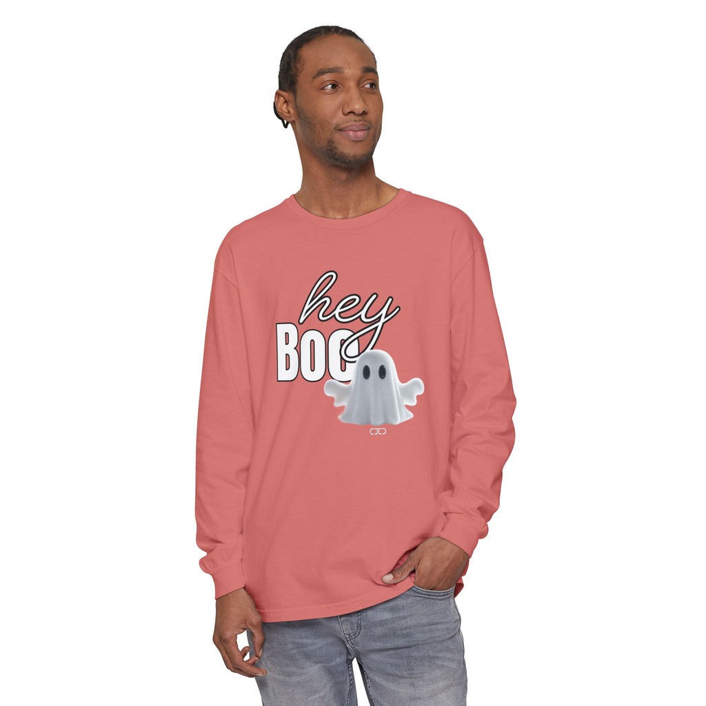 Hey Boo Halloween Ghost Long Sleeve T-Shirt - Perfect for Fall, Spooky Season, Cute Ghost Tee, Unisex Halloween Apparel, 'Hey Boo' Shirt