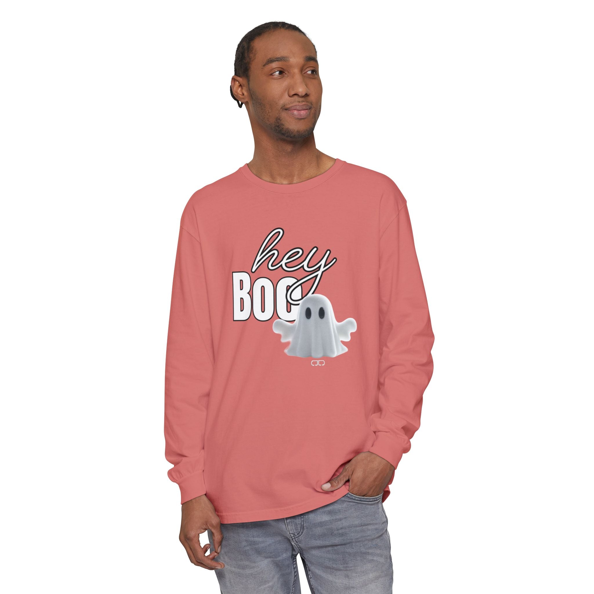 Hey Boo Halloween Ghost Long Sleeve T-Shirt - Perfect for Fall, Spooky Season, Cute Ghost Tee, Unisex Halloween Apparel, 'Hey Boo' Shirt