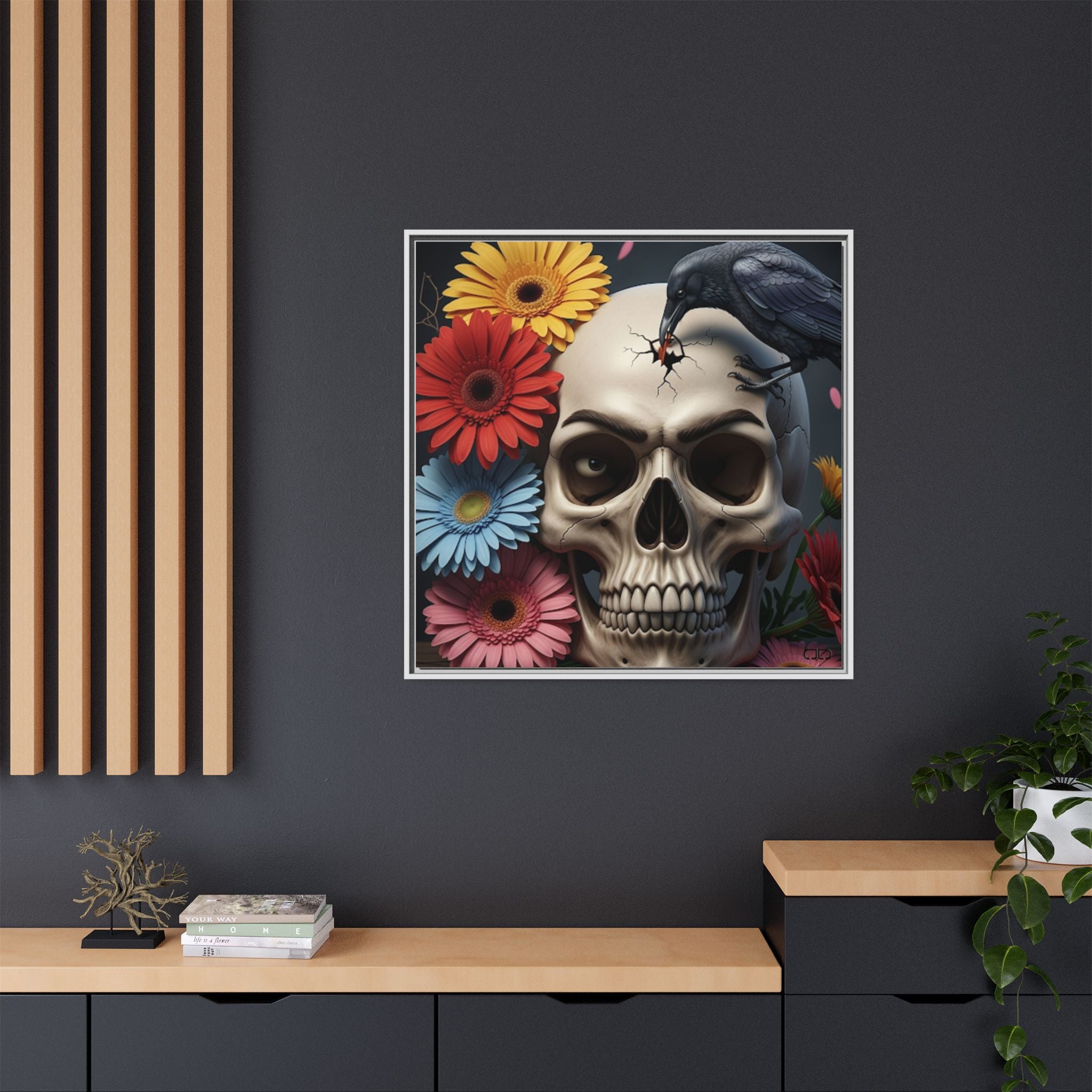 Headache - Framed Skull & Flower Canvas Art Print, Gothic Home Decor, Unique Wall Art, Boho Aesthetic, Perfect for Halloween, Birthday Gifts