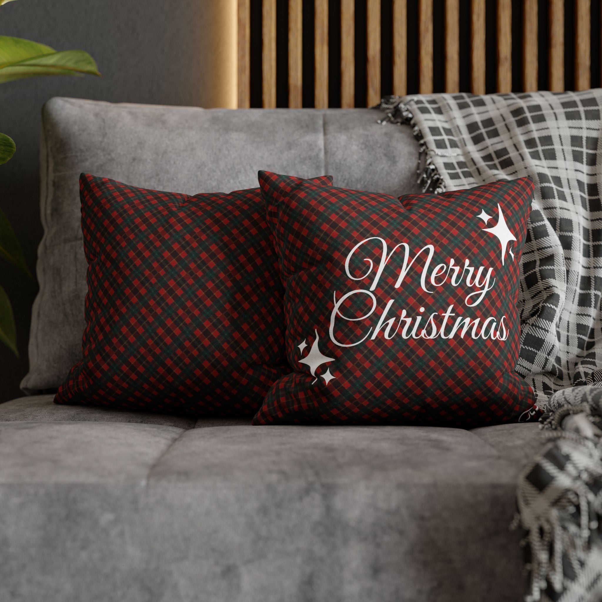 Merry Christmas Plaid Pillowcase - Red & Green Holiday Throw Pillow Cover