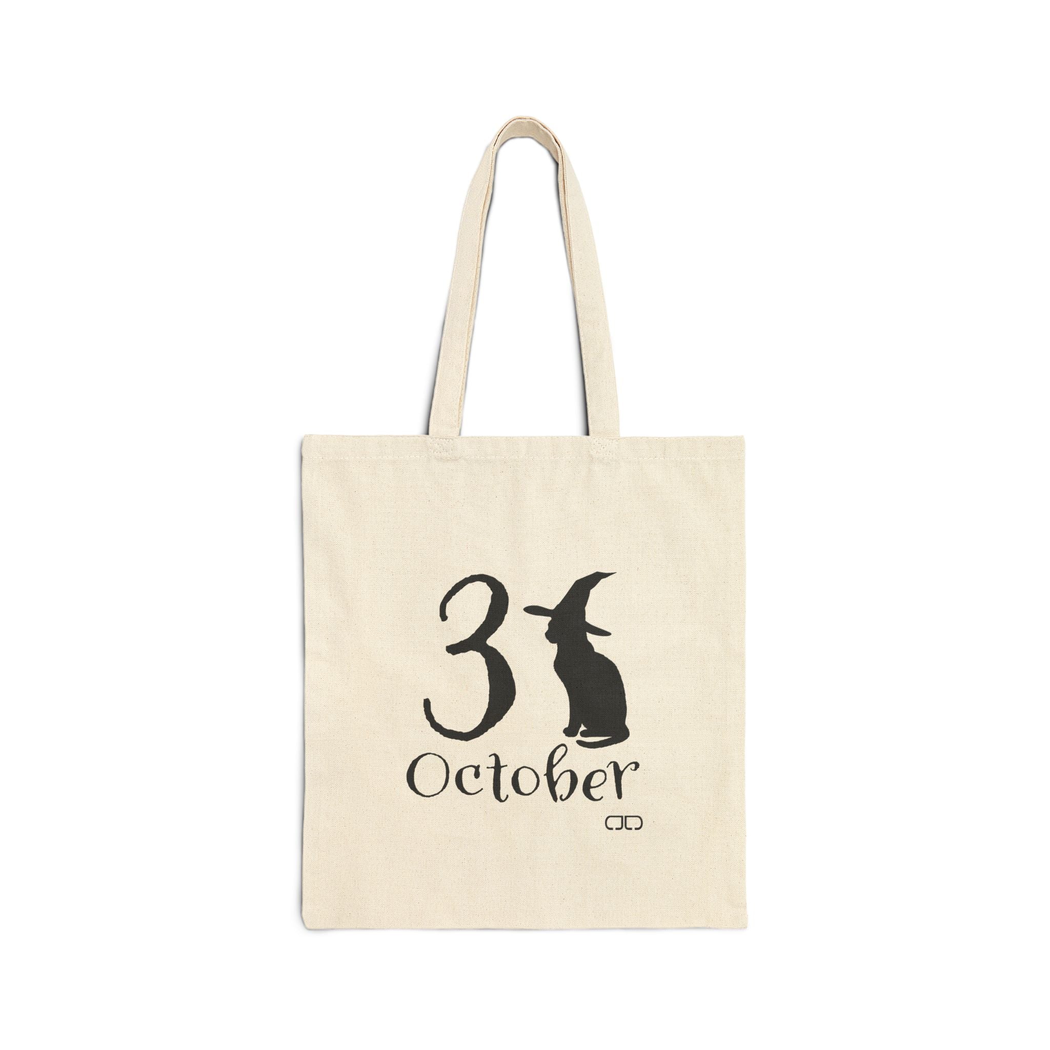 October 31st Cotton Canvas Tote Bag, Reusable Shopping Tote, Eco-Friendly Gift, Witch Tote, Fall Decor Bag, Black Cat Lover