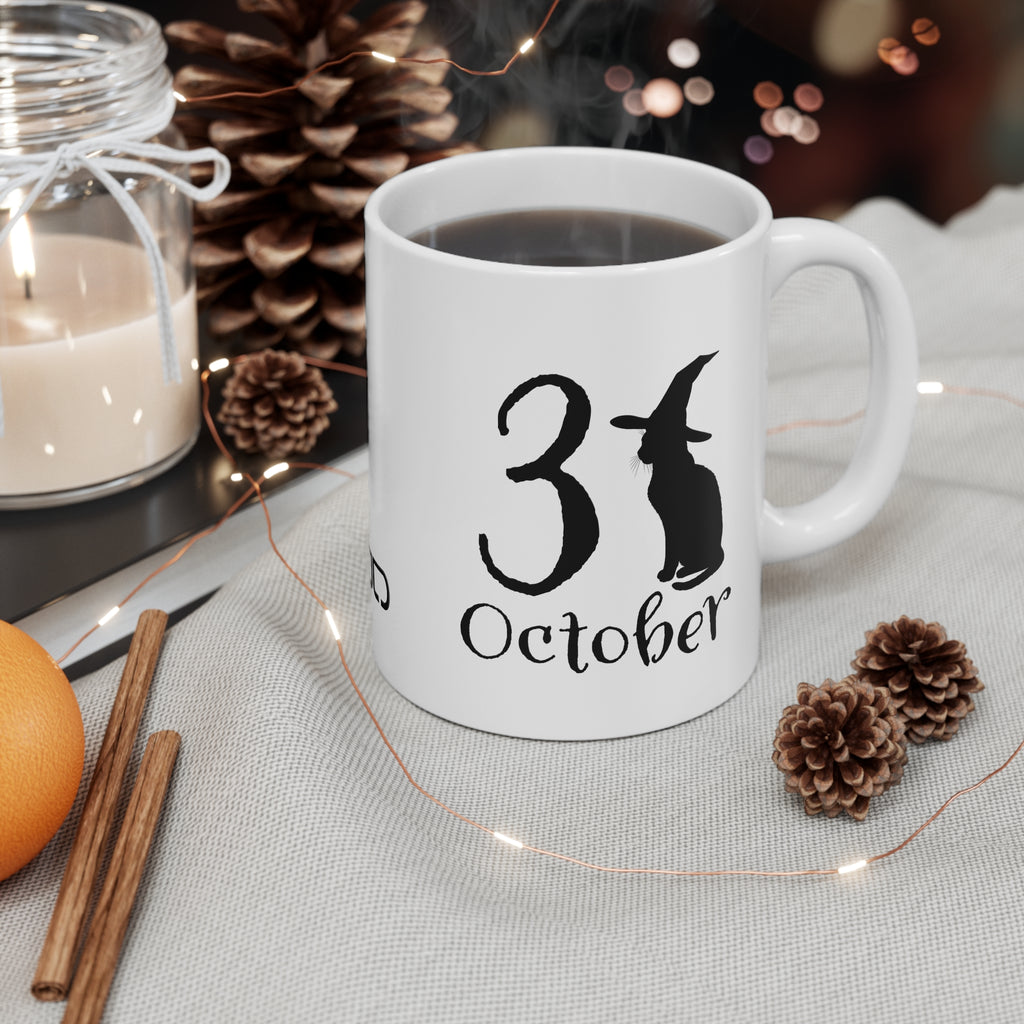 October 31st Cat Mug, 11oz Witchy Coffee Cup, Halloween Decor, Black Cat Gift, Spooky Tea Mug, Cute Animal Mug