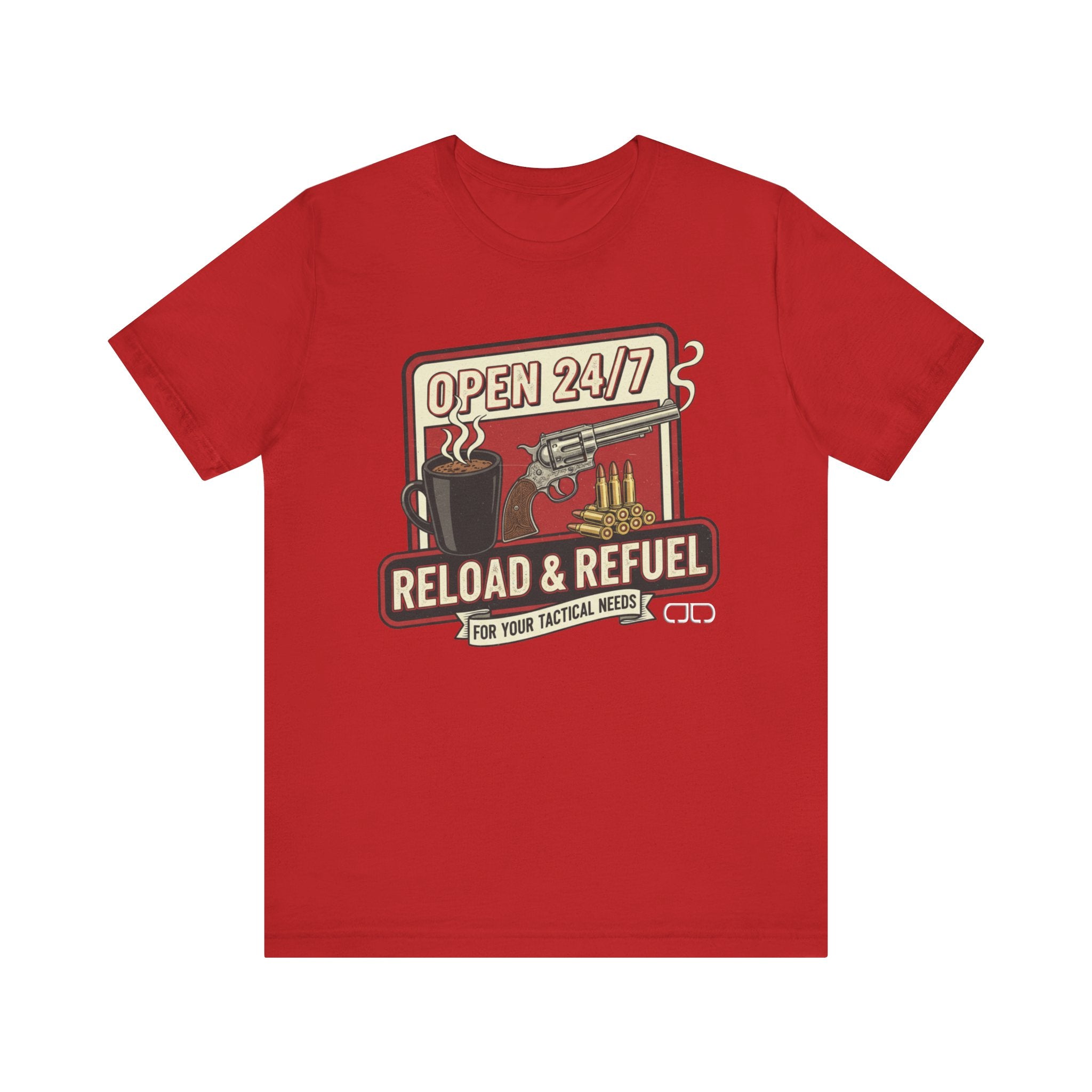Reload & Refuel Tee — "Open 24/7" Coffee and Ammo Graphic T-Shirt