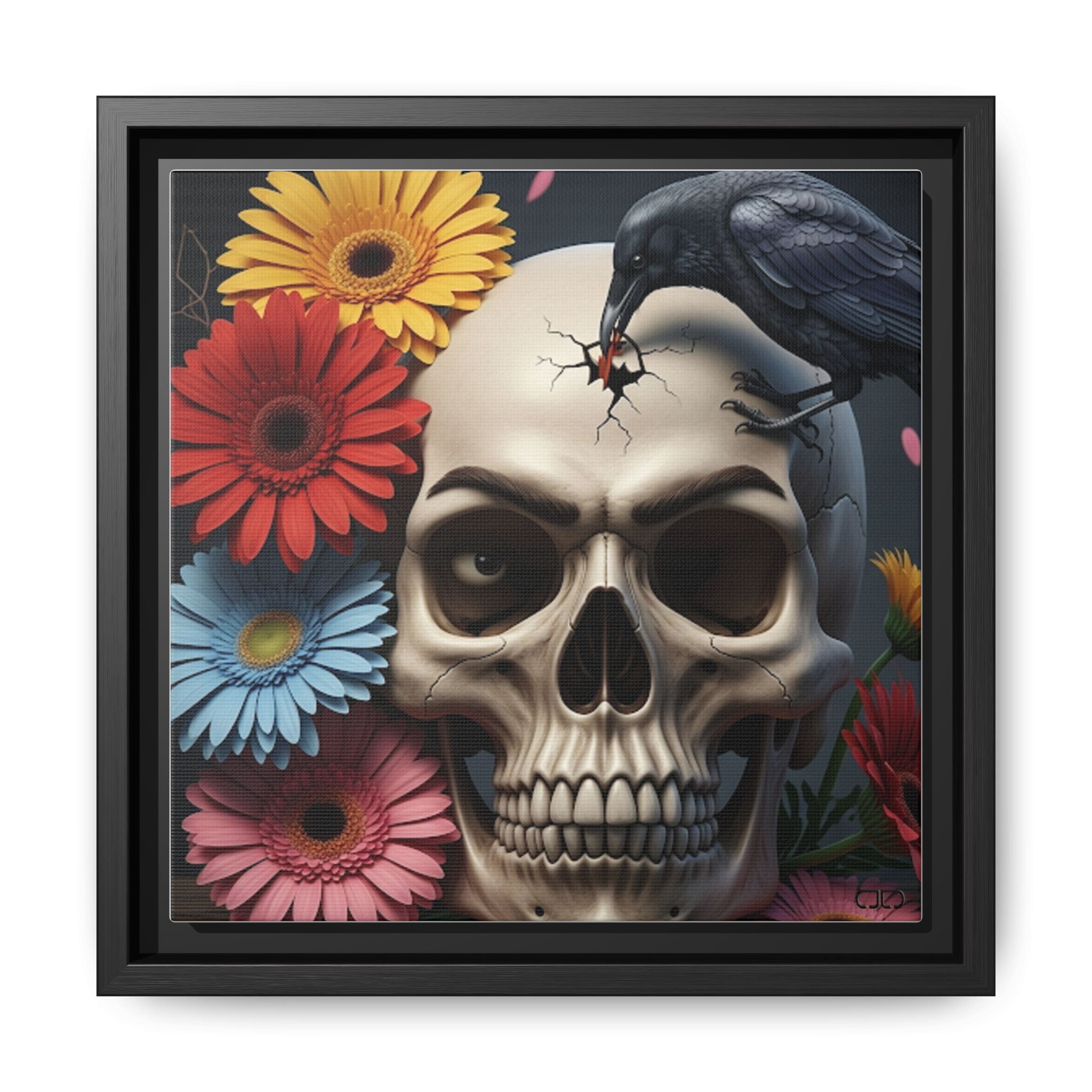Headache - Framed Skull & Flower Canvas Art Print, Gothic Home Decor, Unique Wall Art, Boho Aesthetic, Perfect for Halloween, Birthday Gifts