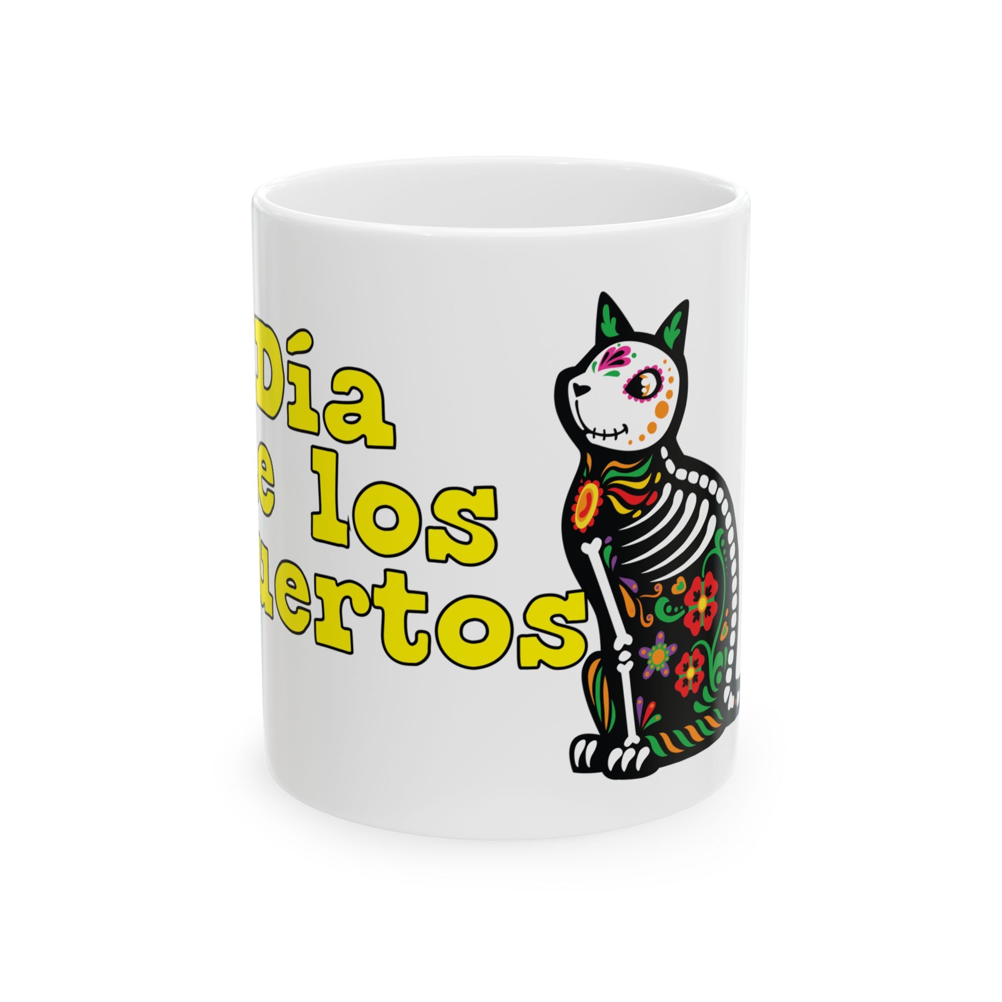 Dia de Los Muertos Ceramic Mug - Colorful Sugar Skull Cat, Halloween Gift, Dia de Muertos Celebration, Unique Coffee Mug, 11oz 15oz