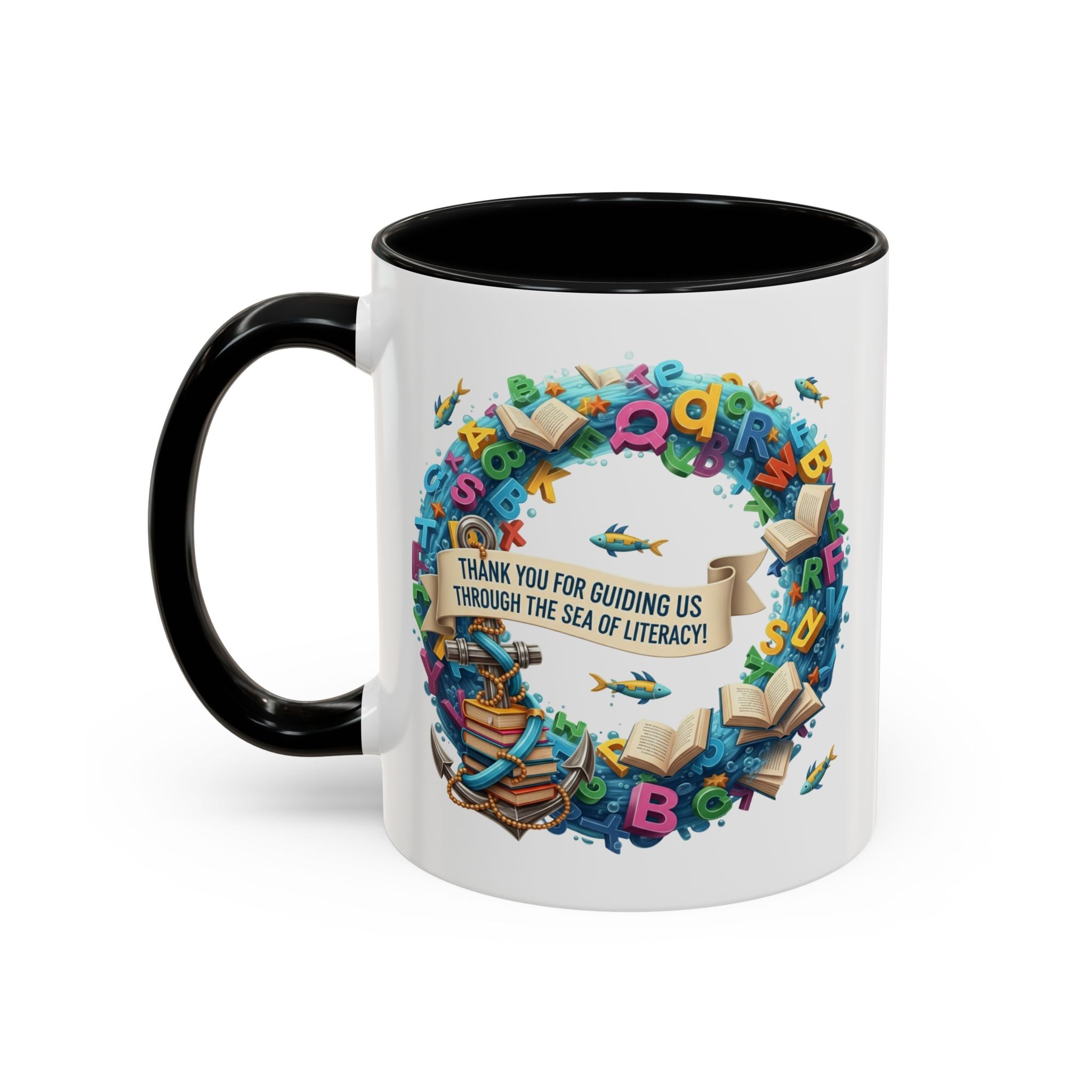 Sea of Literacy Colorful Book Lover's Accent Coffee Mug | Perfect for Home, Office, or Gift | Reading, Study, Library Decor, Teacher Appreciation