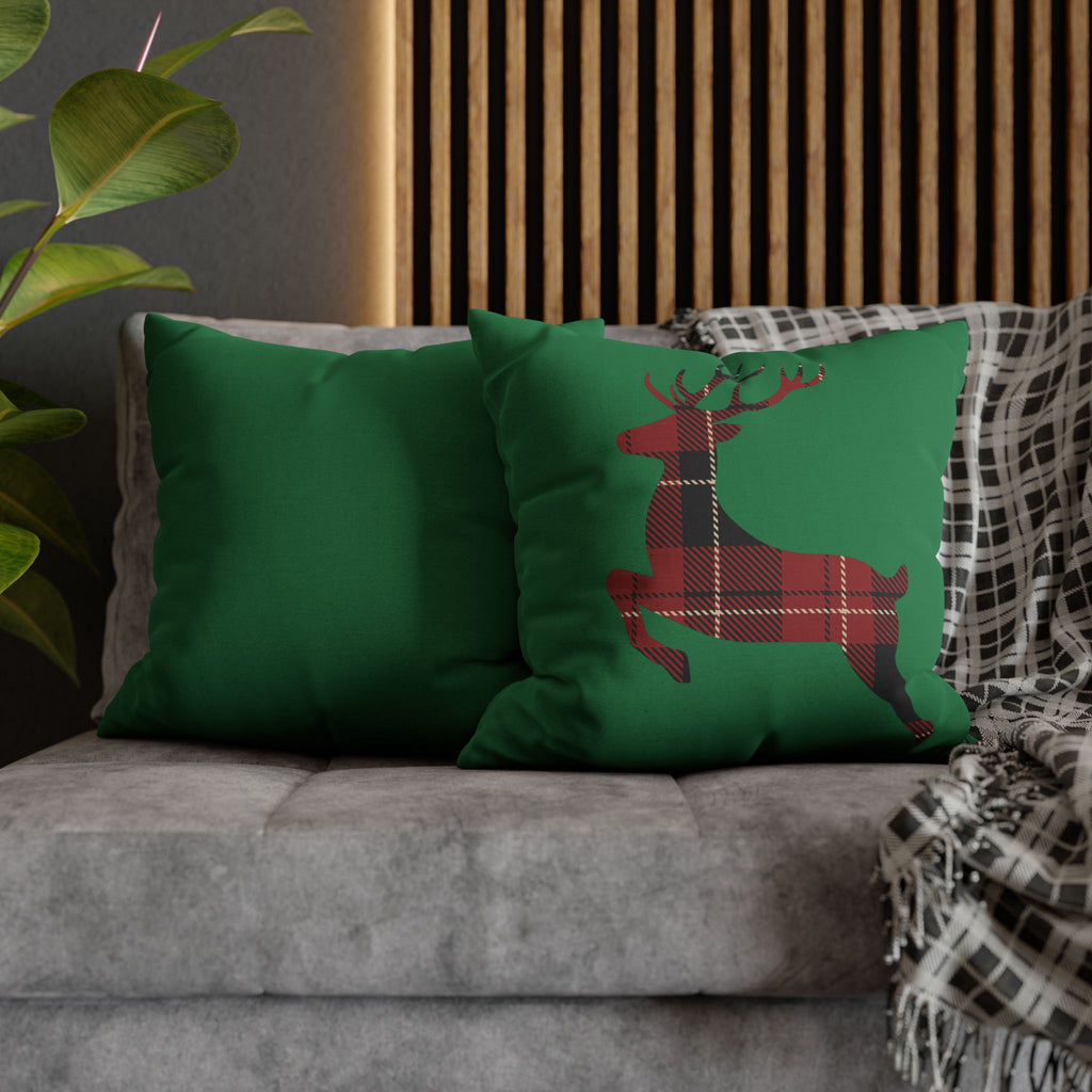 Plaid Reindeer Holiday Pillowcase — Green Christmas Throw Pillow Cover
