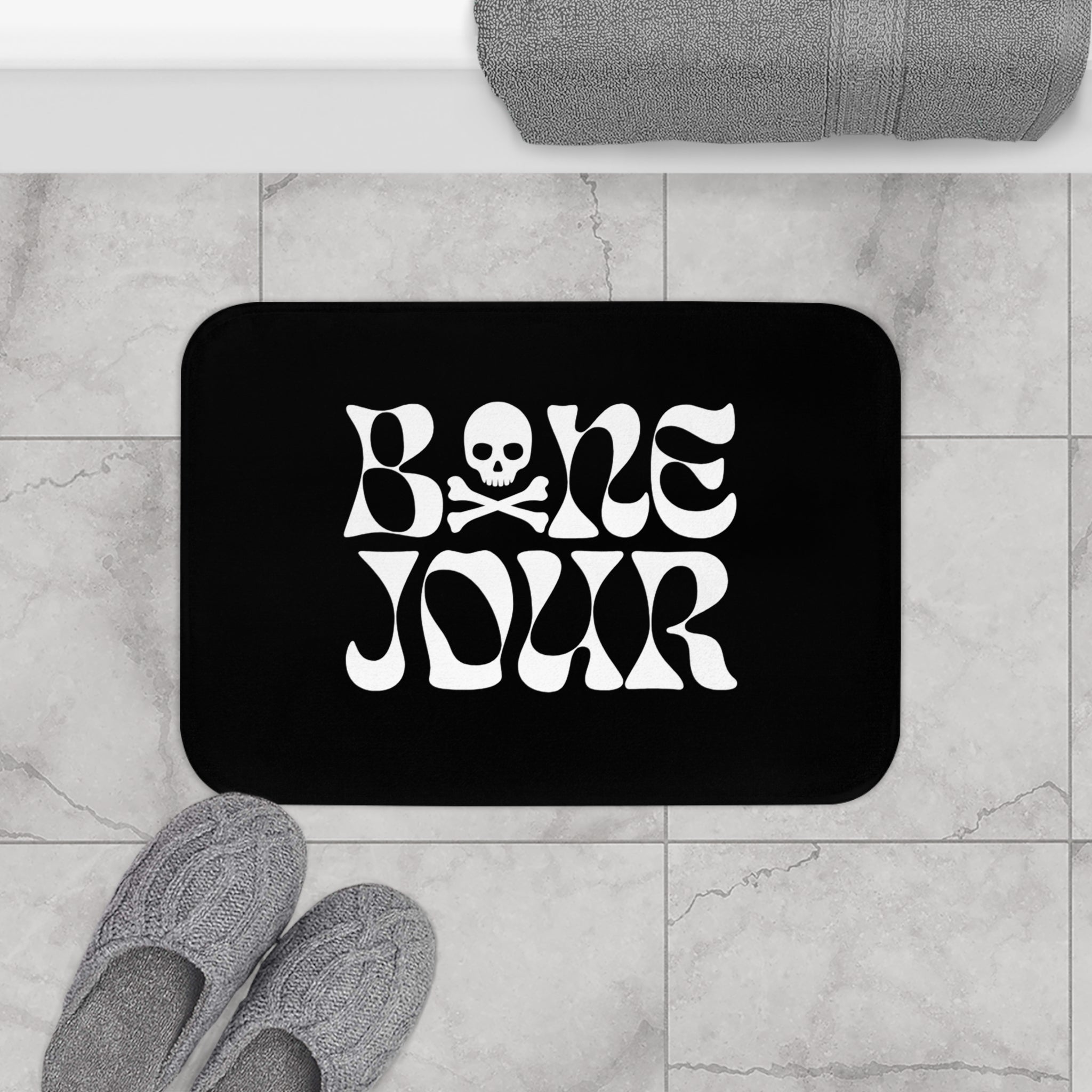 Stylish Bath Mat with 'Bone Jour' Design, Fun Bathroom Decor, Unique Gift for Pet Lovers, Trendy Housewarming Item, Stylish Home Accent