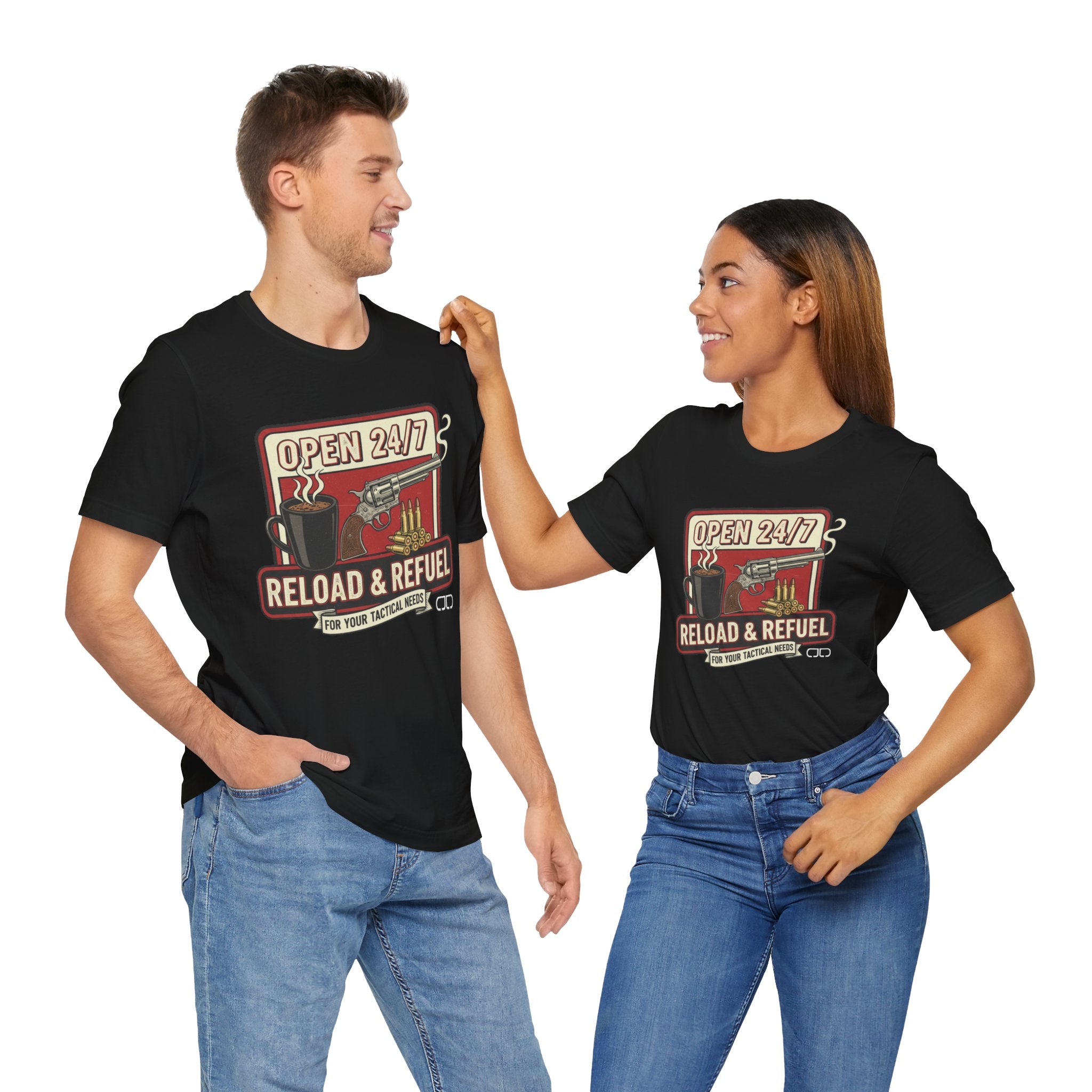 Reload & Refuel Tee — "Open 24/7" Coffee and Ammo Graphic T-Shirt
