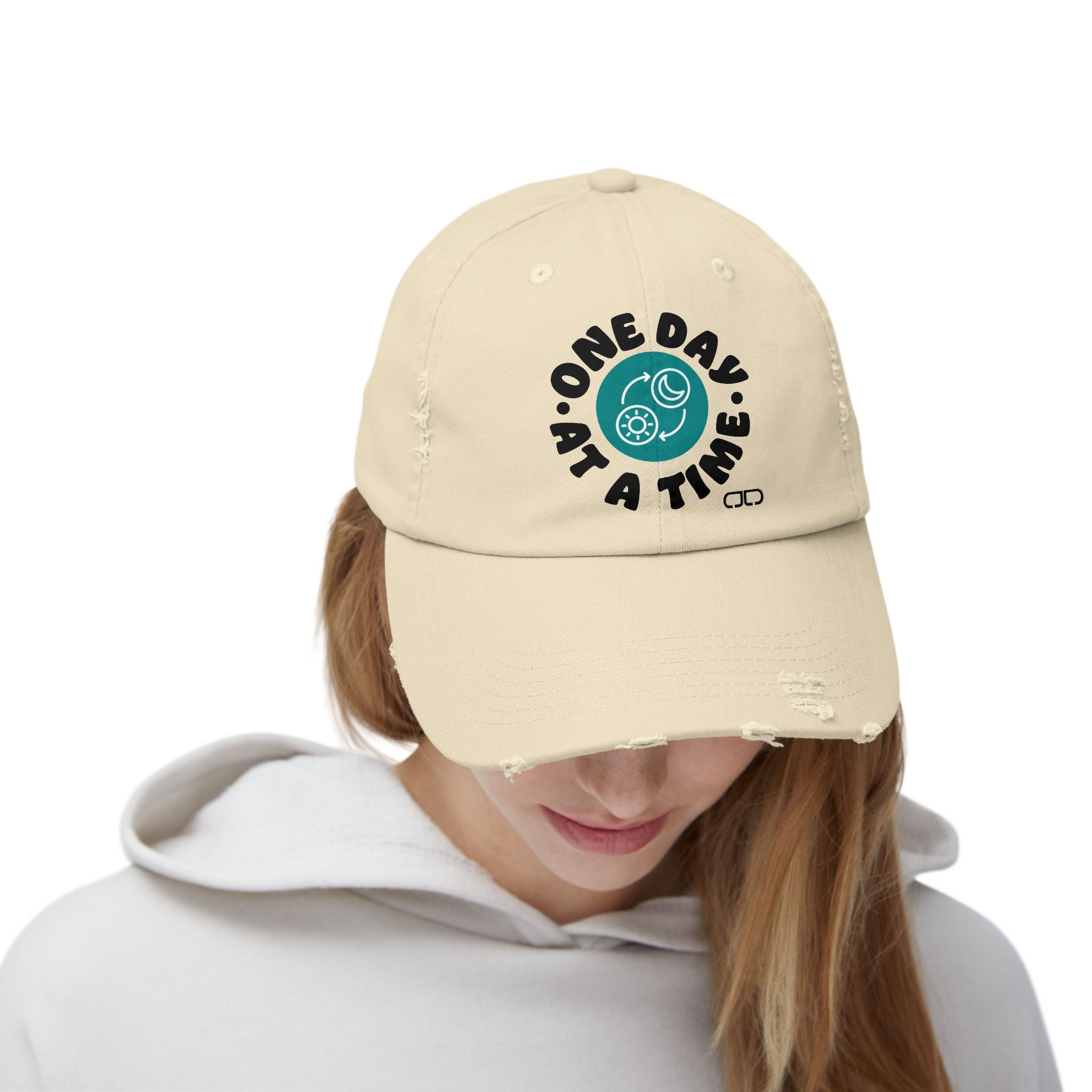 One Day at a Time Distressed Cap | Casual Style, Relaxed Fit, Gift for Him/Her, Summer Accessory, Motivational Wear