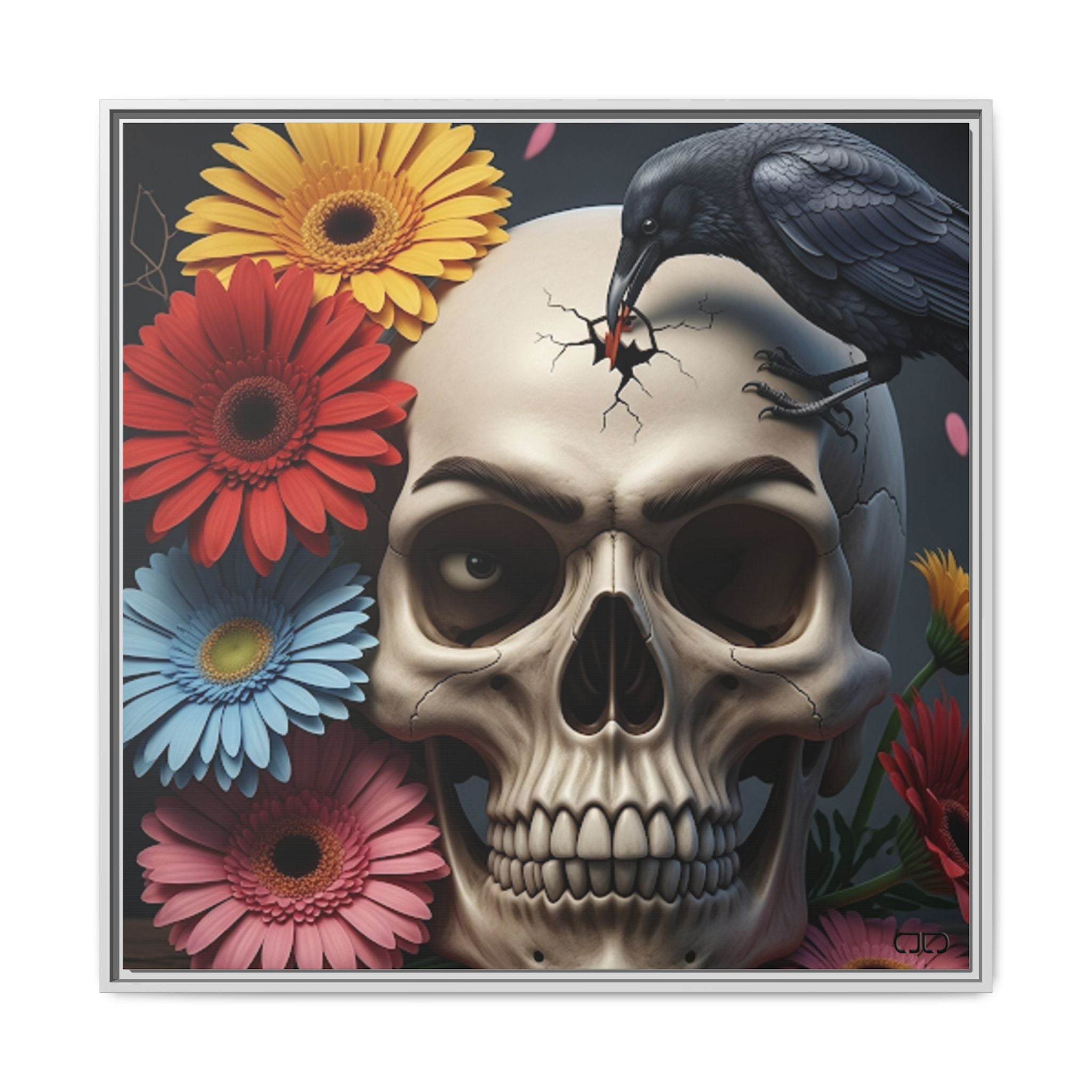 Headache - Framed Skull & Flower Canvas Art Print, Gothic Home Decor, Unique Wall Art, Boho Aesthetic, Perfect for Halloween, Birthday Gifts