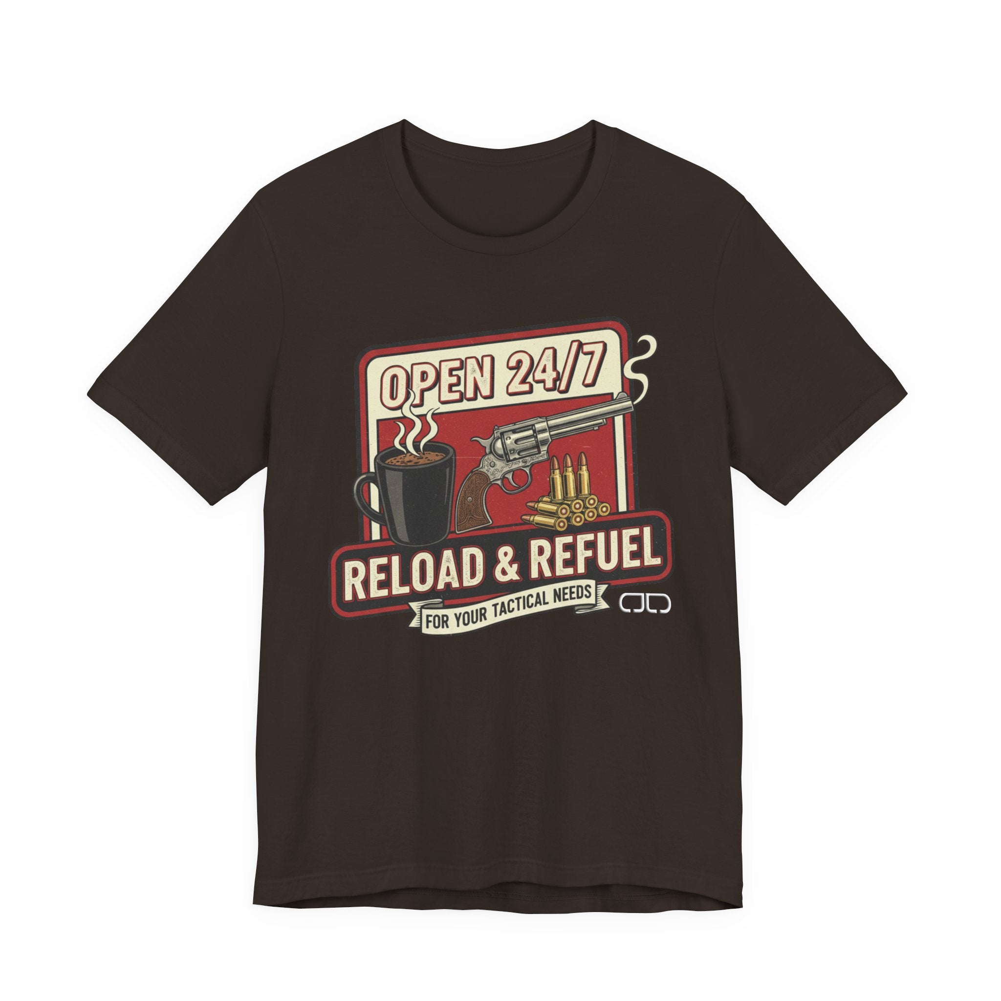 Reload & Refuel Tee — "Open 24/7" Coffee and Ammo Graphic T-Shirt