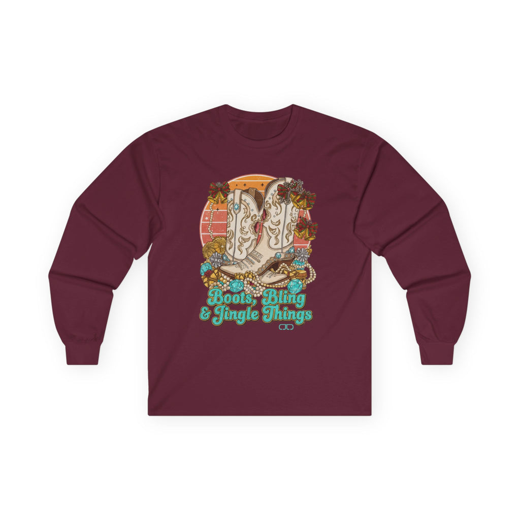 Boots, Bling & Jingle Things Long Sleeve Tee — Retro Western Christmas Shirt