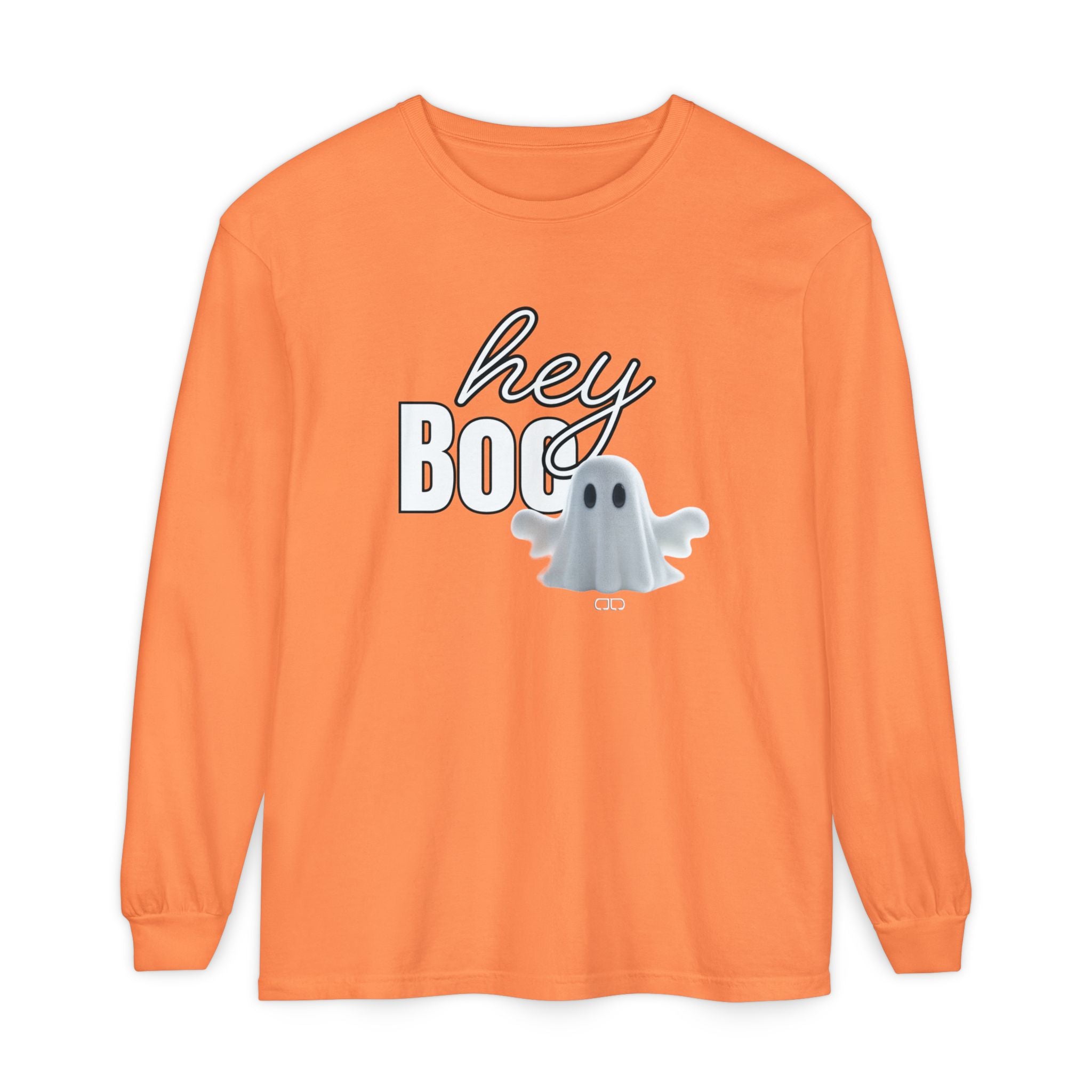 Hey Boo Halloween Ghost Long Sleeve T-Shirt - Perfect for Fall, Spooky Season, Cute Ghost Tee, Unisex Halloween Apparel, 'Hey Boo' Shirt