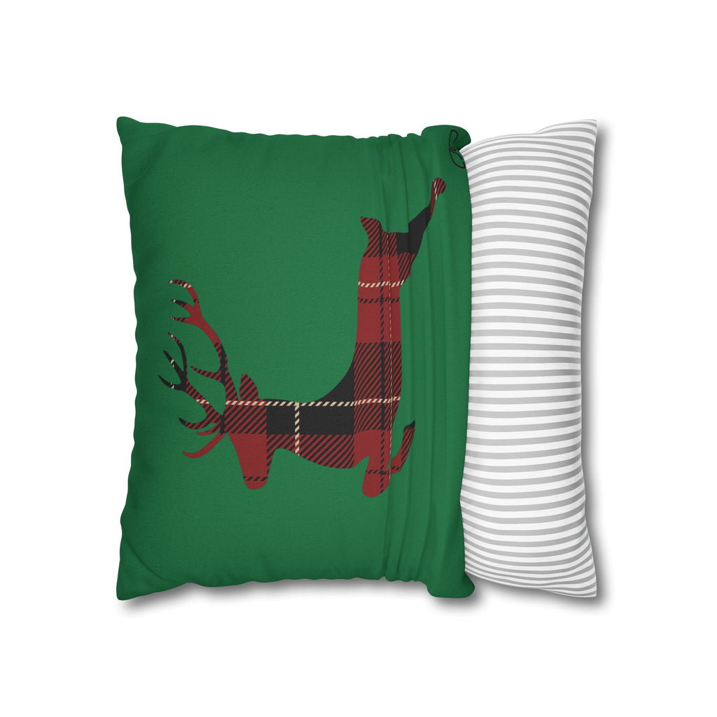 Plaid Reindeer Holiday Pillowcase — Green Christmas Throw Pillow Cover