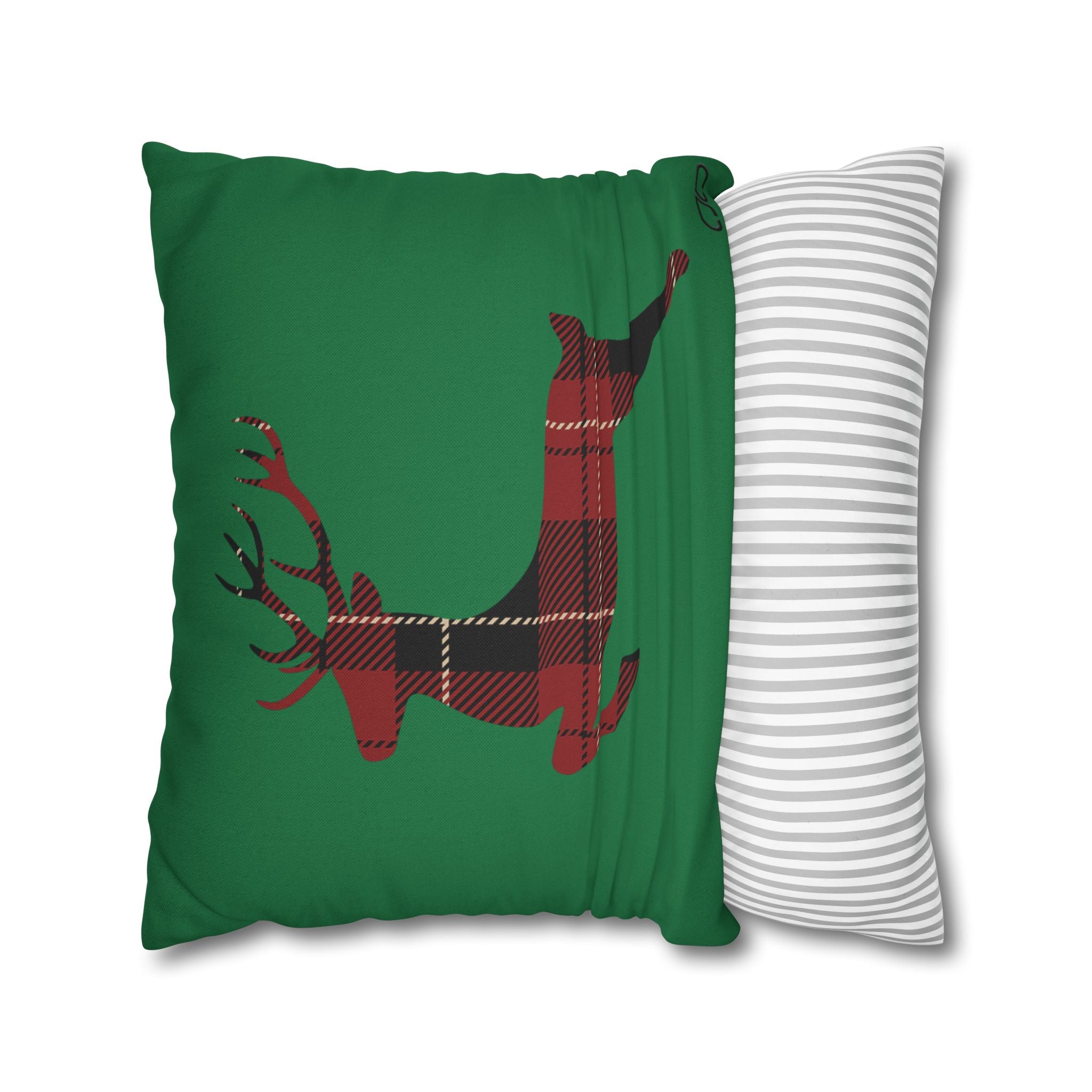 Plaid Reindeer Holiday Pillowcase — Green Christmas Throw Pillow Cover