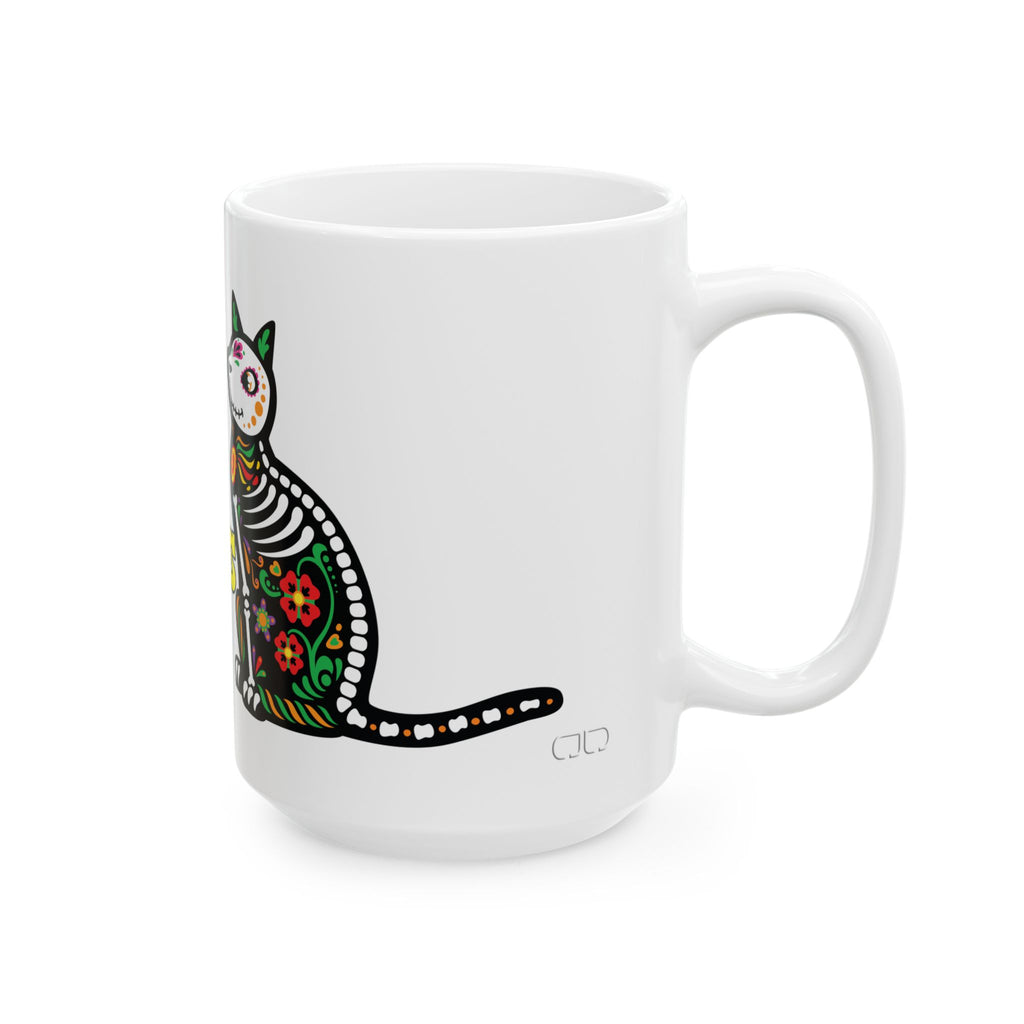 Dia de Los Muertos Ceramic Mug - Colorful Sugar Skull Cat, Halloween Gift, Dia de Muertos Celebration, Unique Coffee Mug, 11oz 15oz