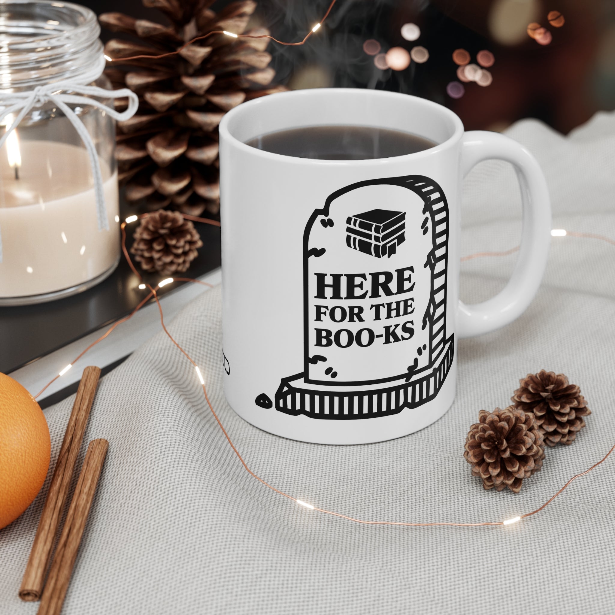 Spooky Book Lovers Mug - Here for the Boo-ks, Halloween Gift, Literary Humor Cup, Gothic Decor, Coffee Tea Drinkware