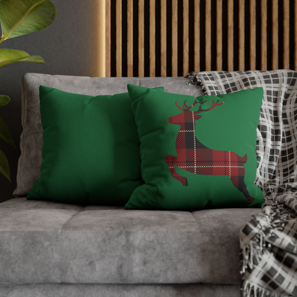 Plaid Reindeer Holiday Pillowcase — Green Christmas Throw Pillow Cover
