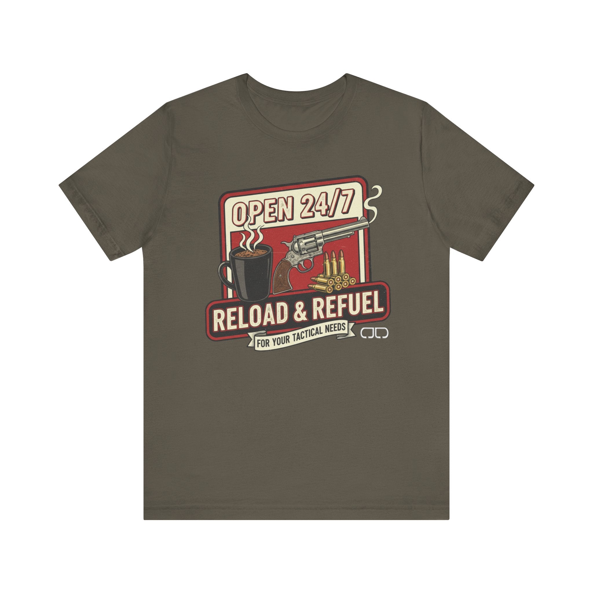 Reload & Refuel Tee — "Open 24/7" Coffee and Ammo Graphic T-Shirt