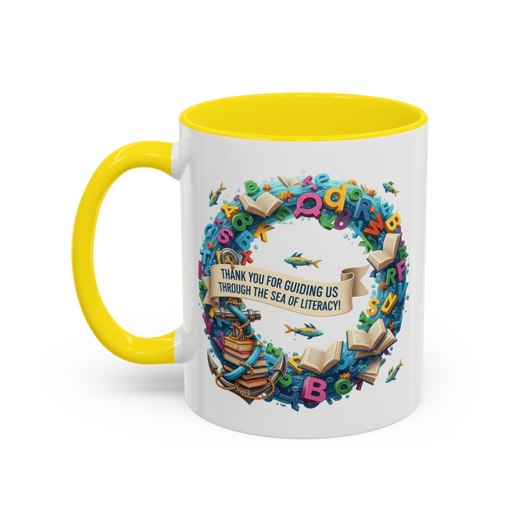 Sea of Literacy Colorful Book Lover's Accent Coffee Mug | Perfect for Home, Office, or Gift | Reading, Study, Library Decor, Teacher Appreciation