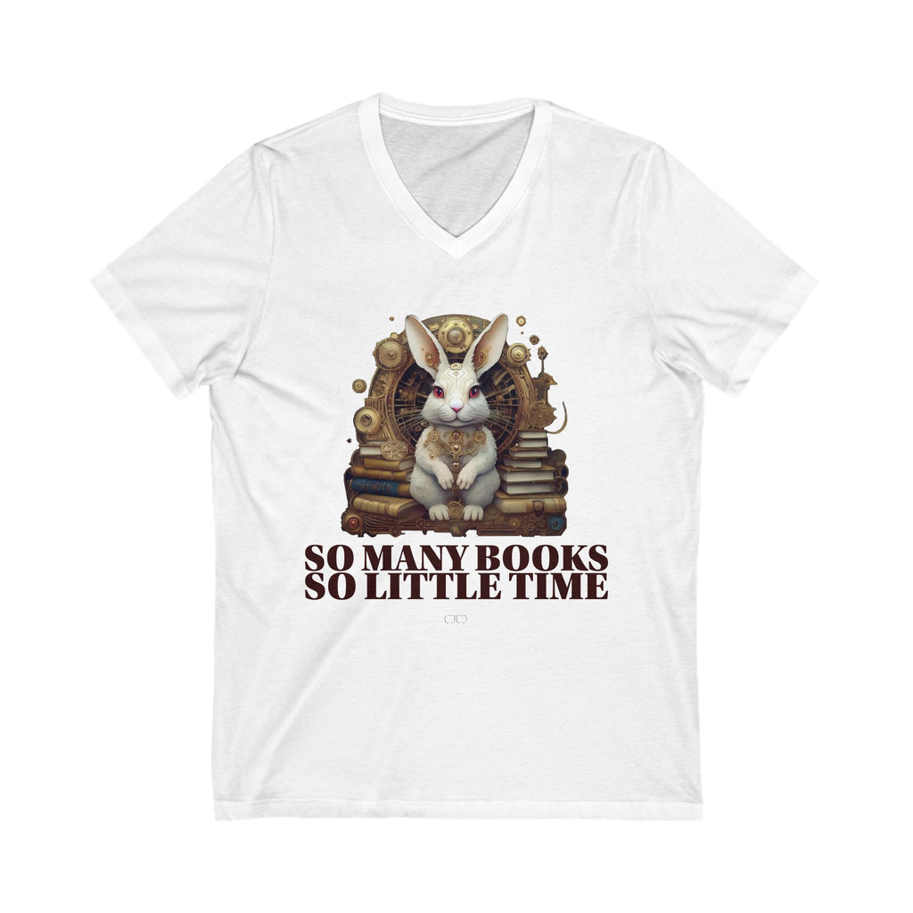 White Rabbit Steampunk Book V-Neck Tee – Perfect for Book Lovers, Readers, and Literature Fans, Cozy Casual Wear, Gift for Bookworms, Book Club Apparel