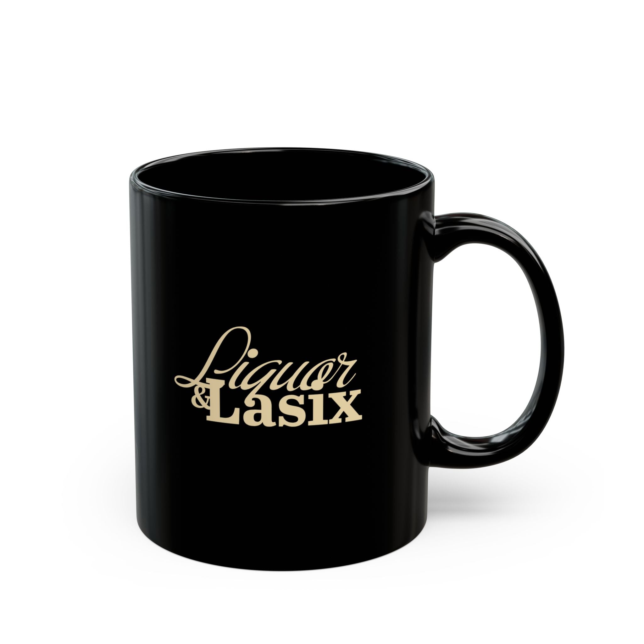 Black Mug with "Liquor & Lasix" Design | Funny Gift for Horse Lovers, Coffee Lover Supplies, Home Barware, Humor Mug, Unique Drinkware