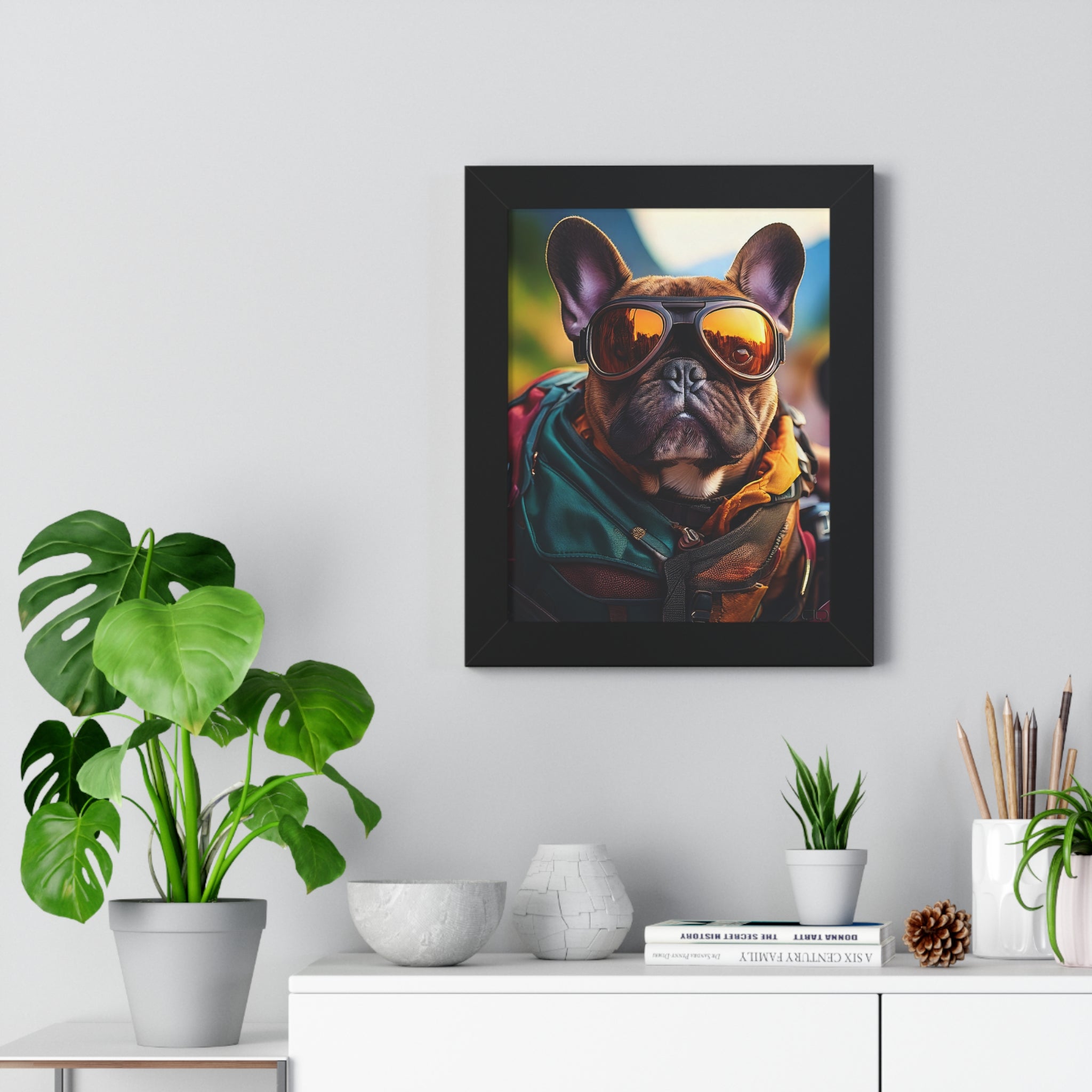 French Bulldog in Motorcyle Leathers Framed Poster - Cool Pet Art, Home Decor, Dog Lover Gift, Unique Wall Art, Pet Enthusiast Decor