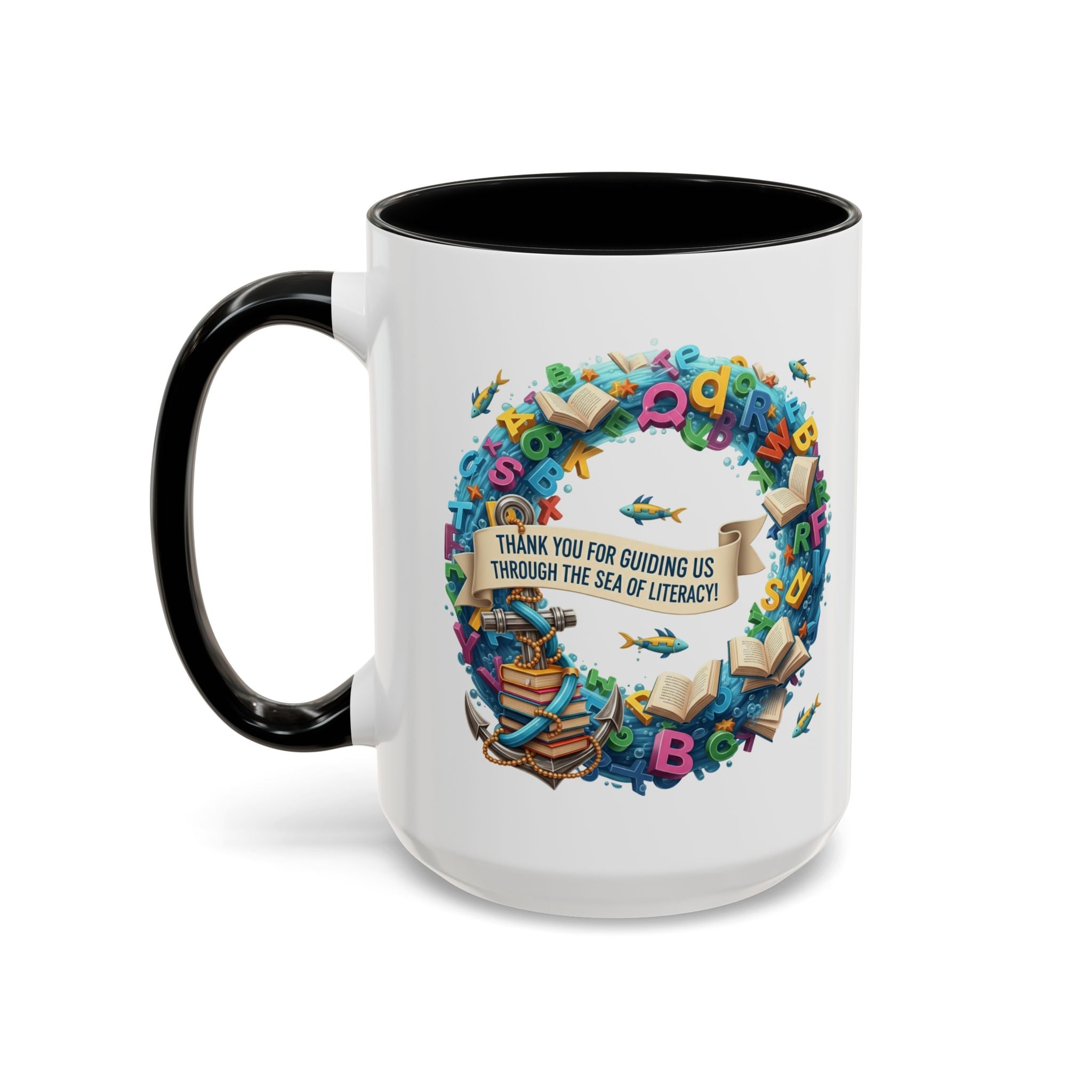 Sea of Literacy Colorful Book Lover's Accent Coffee Mug | Perfect for Home, Office, or Gift | Reading, Study, Library Decor, Teacher Appreciation