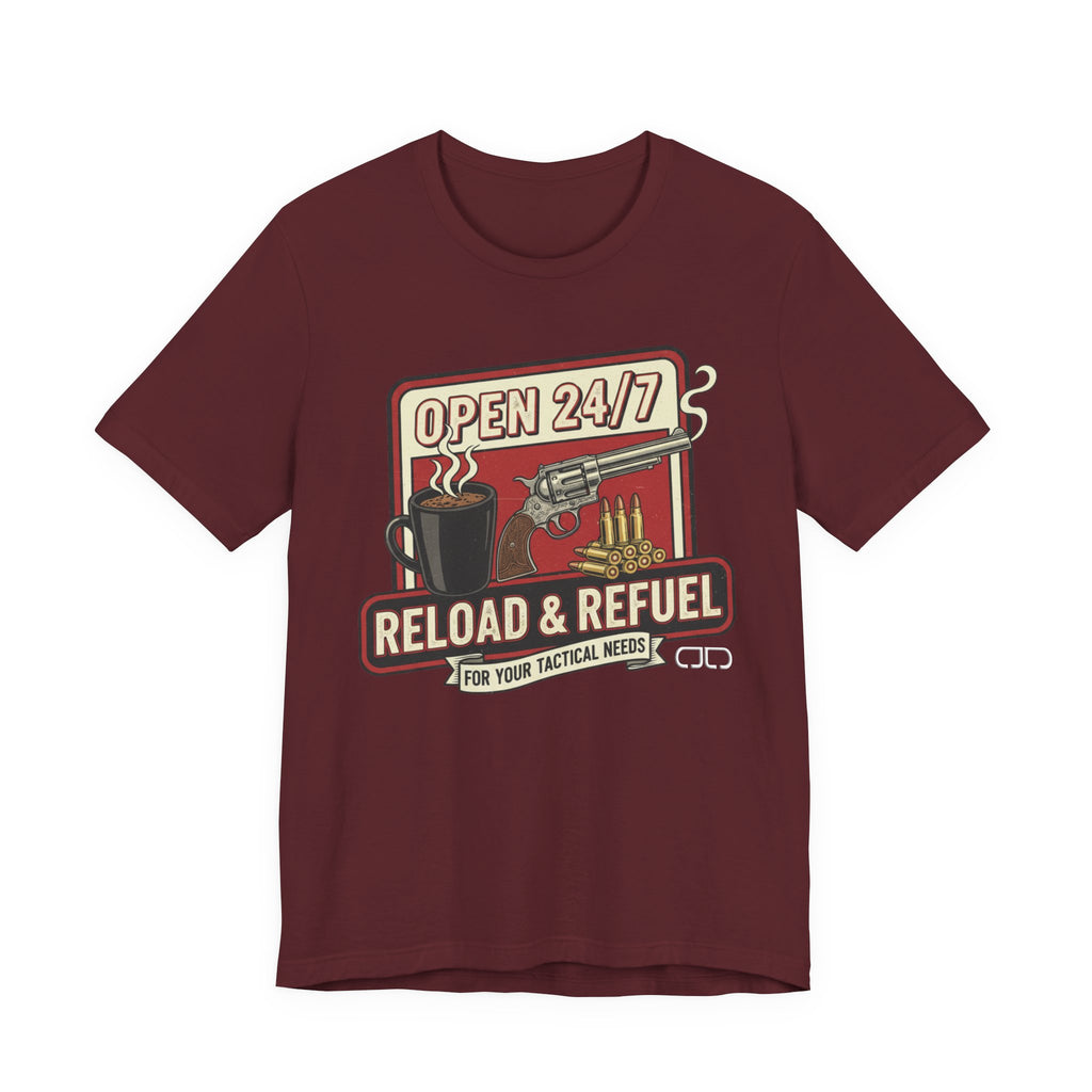 Reload & Refuel Tee — "Open 24/7" Coffee and Ammo Graphic T-Shirt