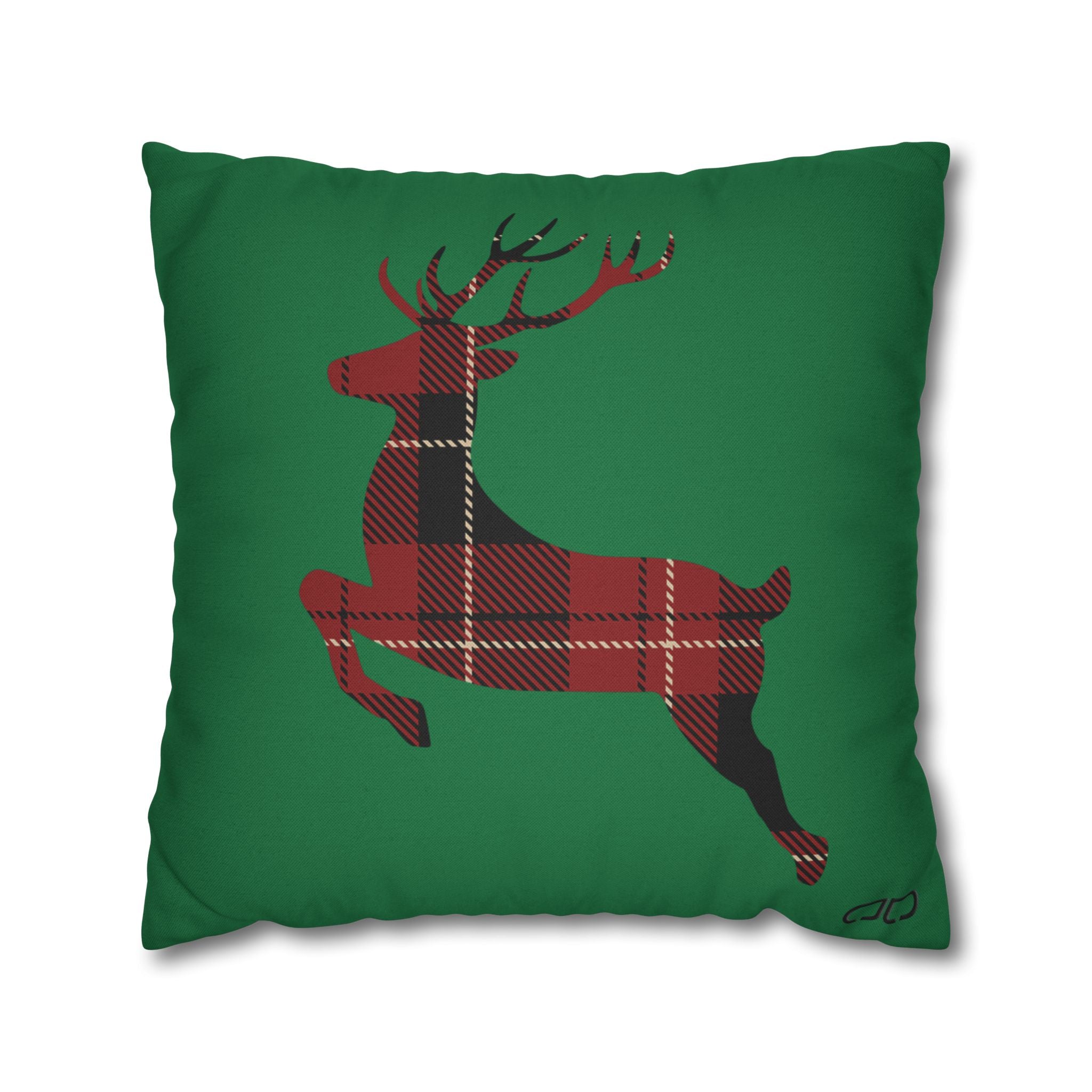 Plaid Reindeer Holiday Pillowcase — Green Christmas Throw Pillow Cover