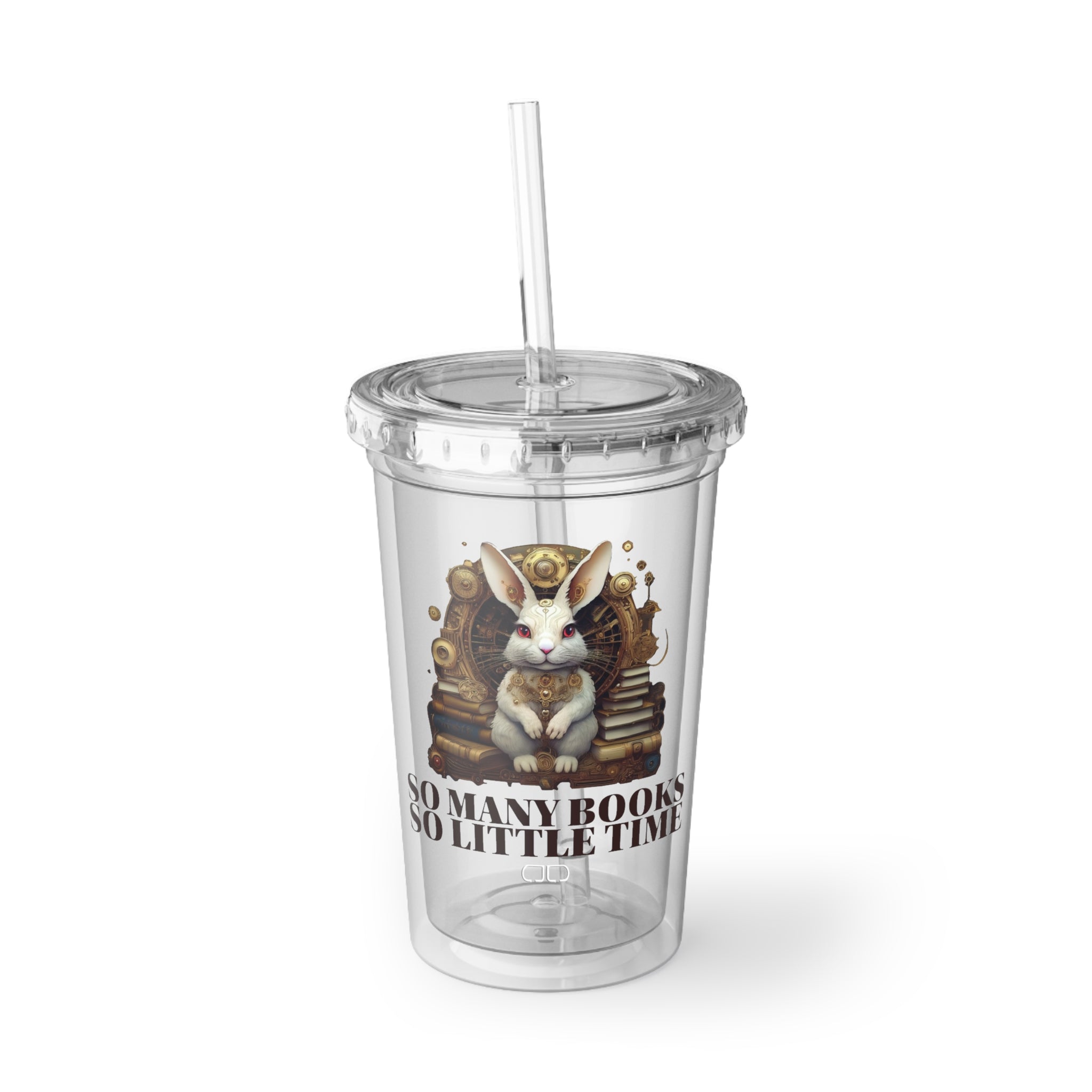 White Rabbit Book Lover Acrylic Cup, So Many Books So Little Time Travel Mug, Cute Reader's Gift, Library Drinkware, Birthday Party Favor