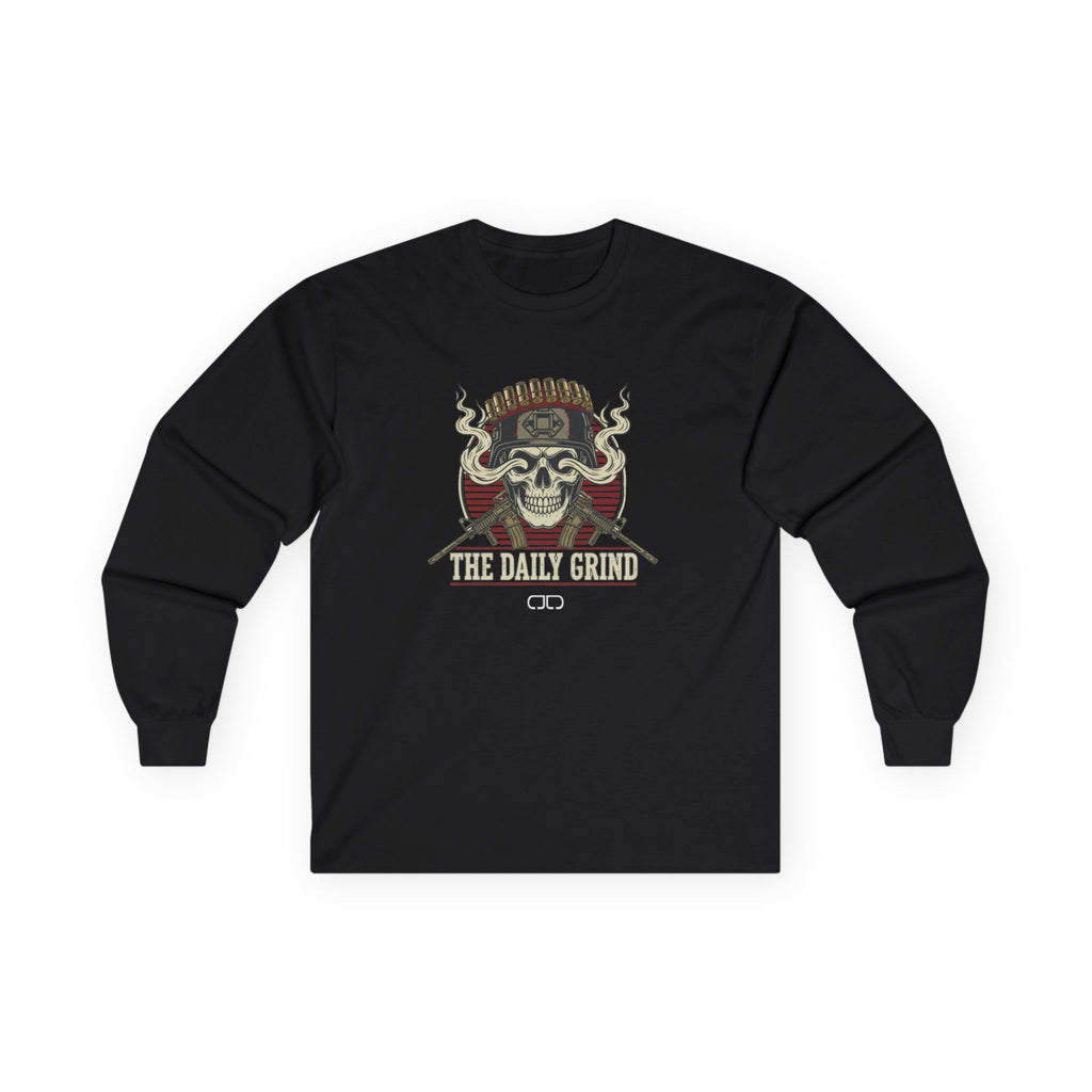 The Daily Grind Skull Long Sleeve Tee - Vintage Coffee & Motorcycle Vibe