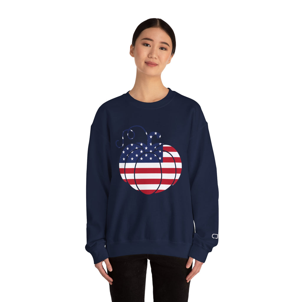 Patriotic Pumpkin Sweatshirt - Cozy Fall Apparel, Unisex Crewneck, Thanksgiving Gift, Harvest Celebration, American Pride