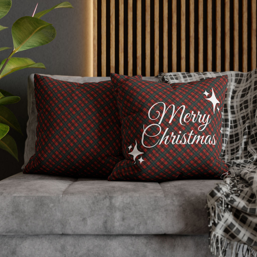 Merry Christmas Plaid Pillowcase - Red & Green Holiday Throw Pillow Cover