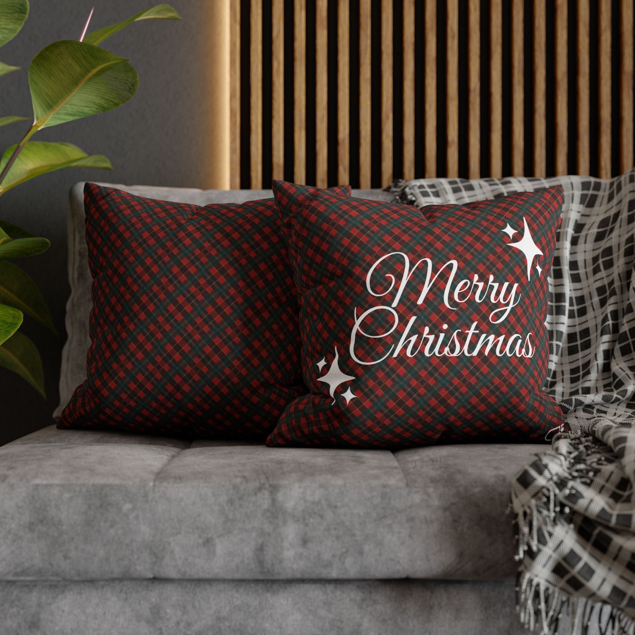 Merry Christmas Plaid Pillowcase - Red & Green Holiday Throw Pillow Cover