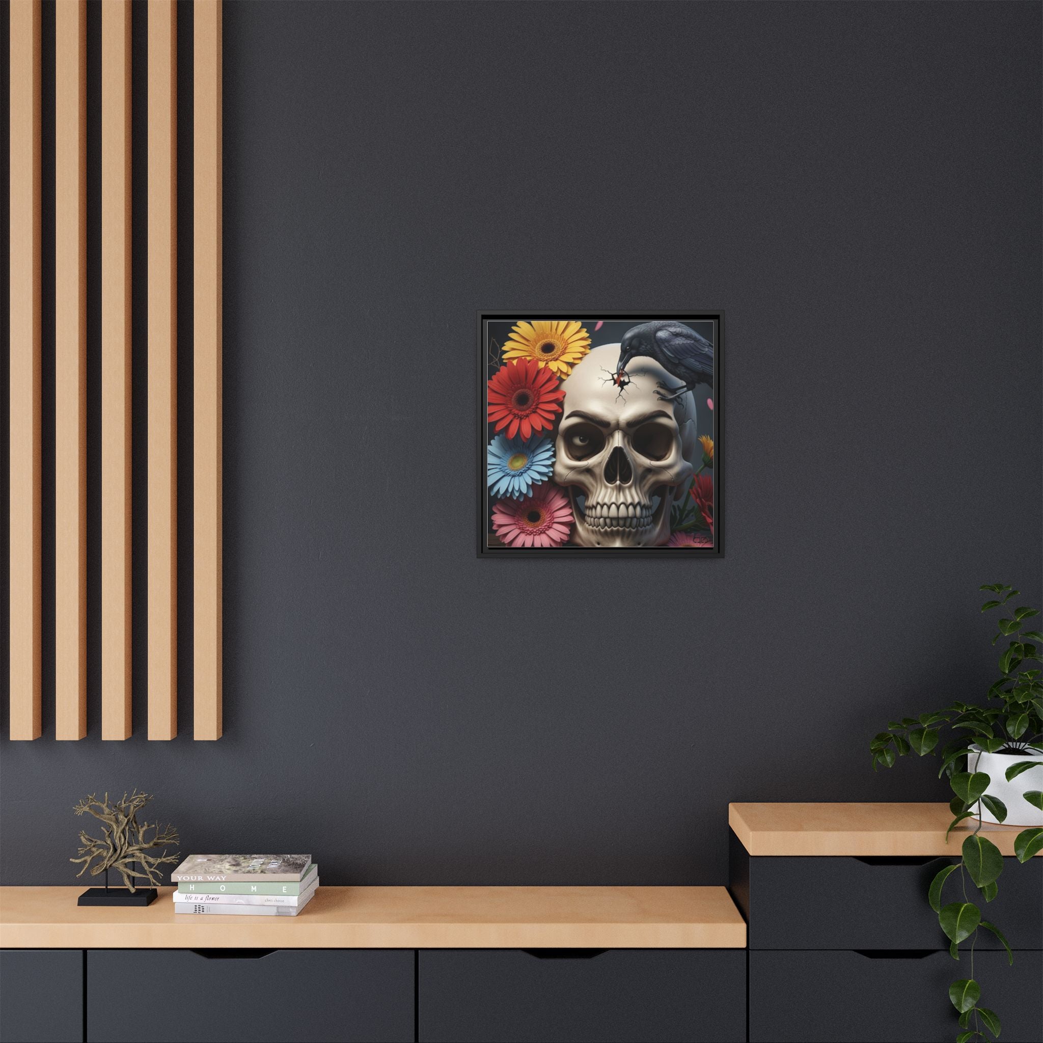 Headache - Framed Skull & Flower Canvas Art Print, Gothic Home Decor, Unique Wall Art, Boho Aesthetic, Perfect for Halloween, Birthday Gifts