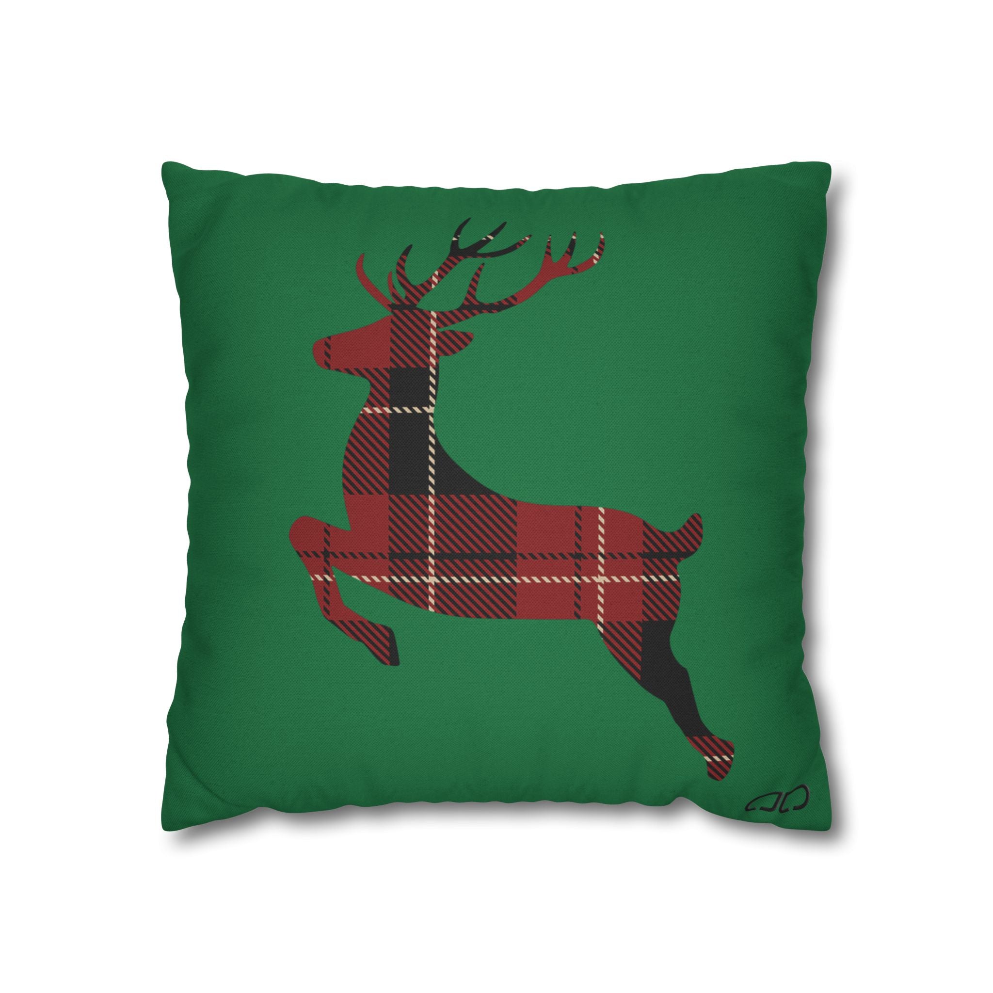 Plaid Reindeer Holiday Pillowcase — Green Christmas Throw Pillow Cover