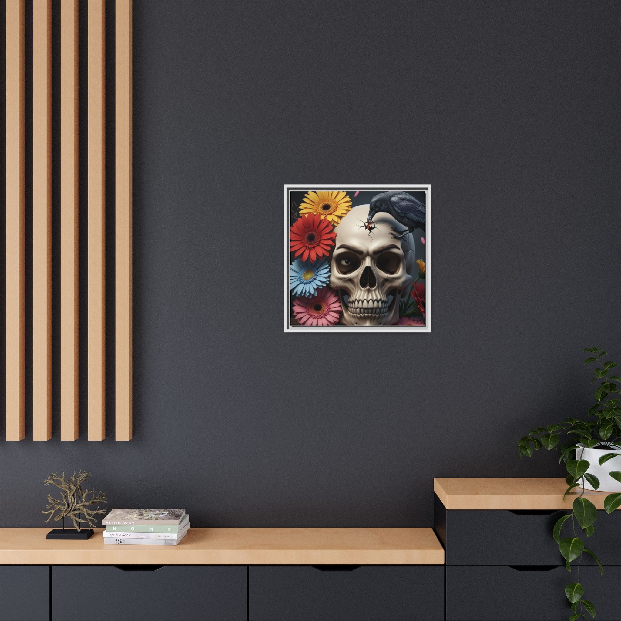 Headache - Framed Skull & Flower Canvas Art Print, Gothic Home Decor, Unique Wall Art, Boho Aesthetic, Perfect for Halloween, Birthday Gifts