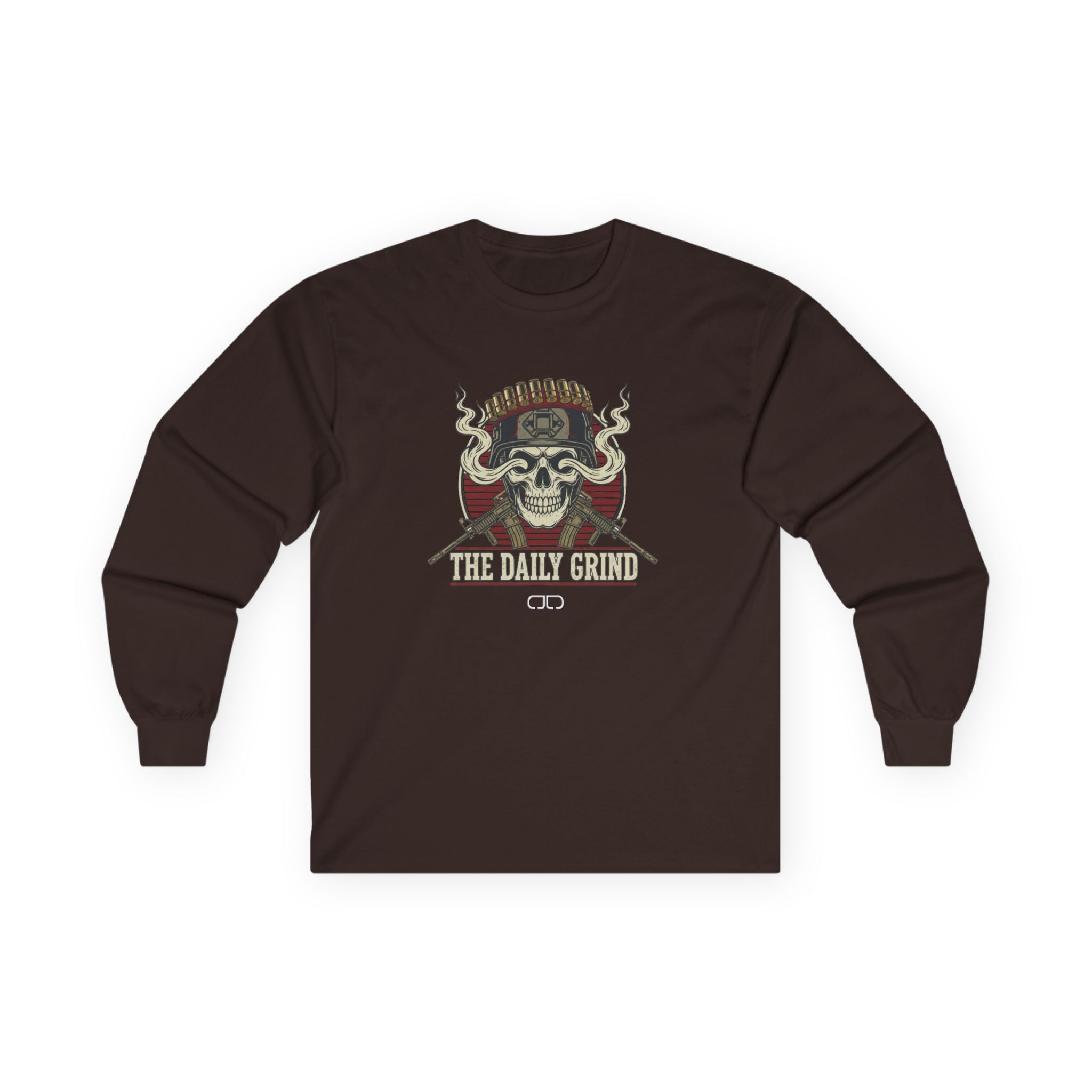 The Daily Grind Skull Long Sleeve Tee - Vintage Coffee & Motorcycle Vibe