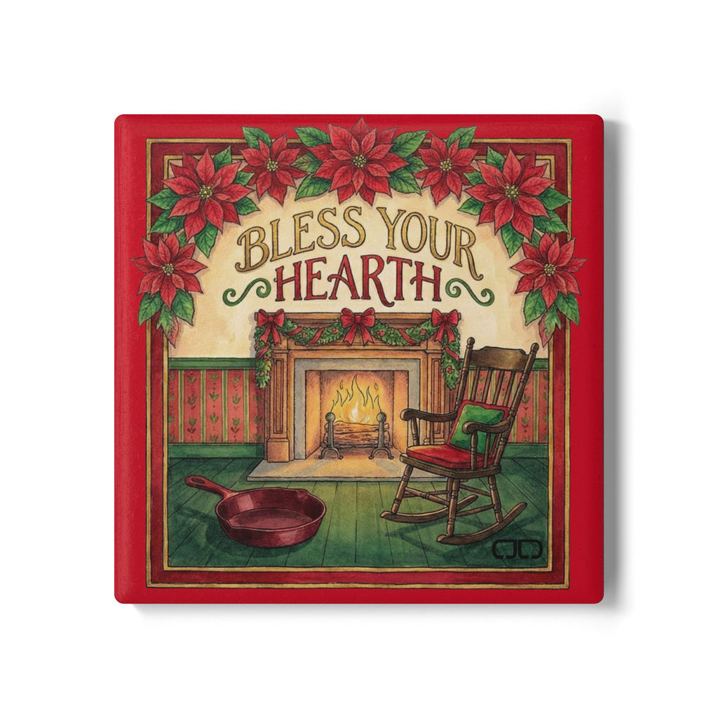 Bless Your Hearth Ceramic Coaster — Christmas Poinsettia Fireplace Holiday Drink Mat