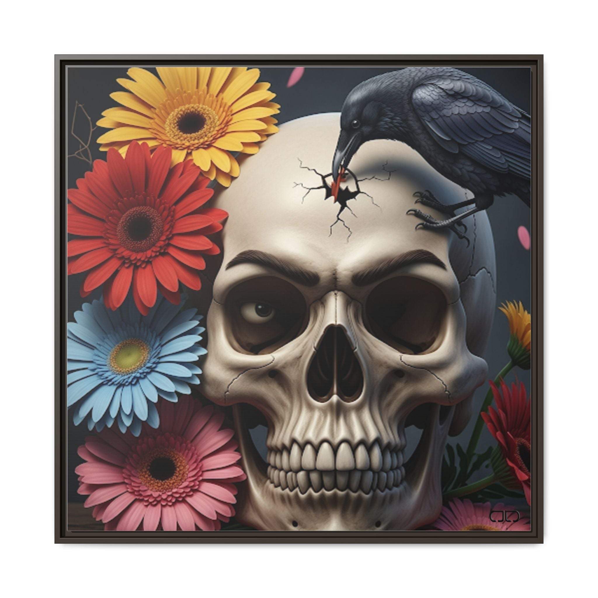 Headache - Framed Skull & Flower Canvas Art Print, Gothic Home Decor, Unique Wall Art, Boho Aesthetic, Perfect for Halloween, Birthday Gifts