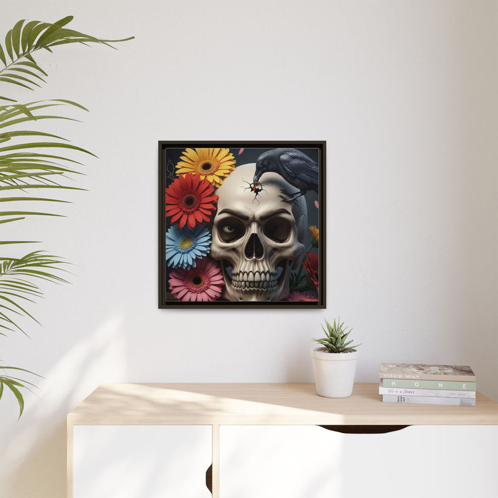 Headache - Framed Skull & Flower Canvas Art Print, Gothic Home Decor, Unique Wall Art, Boho Aesthetic, Perfect for Halloween, Birthday Gifts